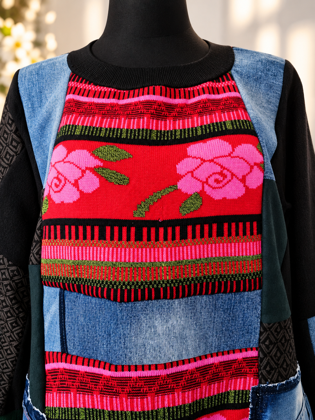 3XL Plus Size Denim Dress – Floral Boho Patchwork Tunic