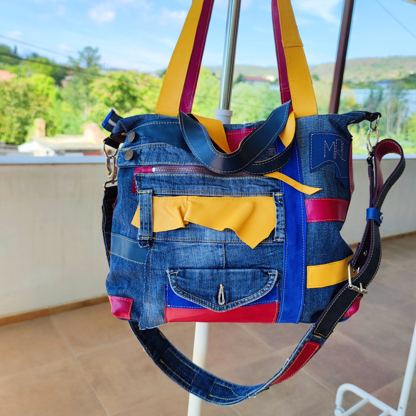 Boho Denim&Leather Shoulder Bag High End Italian Leather Tote Bag-Colorful Artsy Crossbody Purse,Big Soft Leather Distressed Denim Handbag