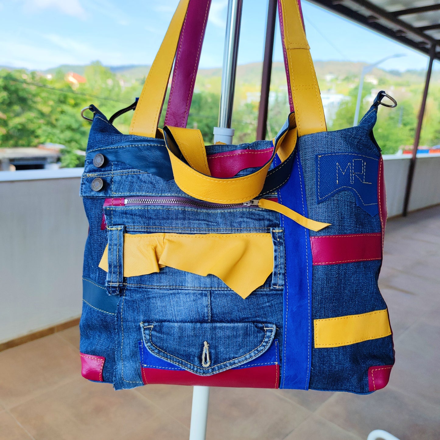 Boho Denim&Leather Shoulder Bag High End Italian Leather Tote Bag-Colorful Artsy Crossbody Purse,Big Soft Leather Distressed Denim Handbag