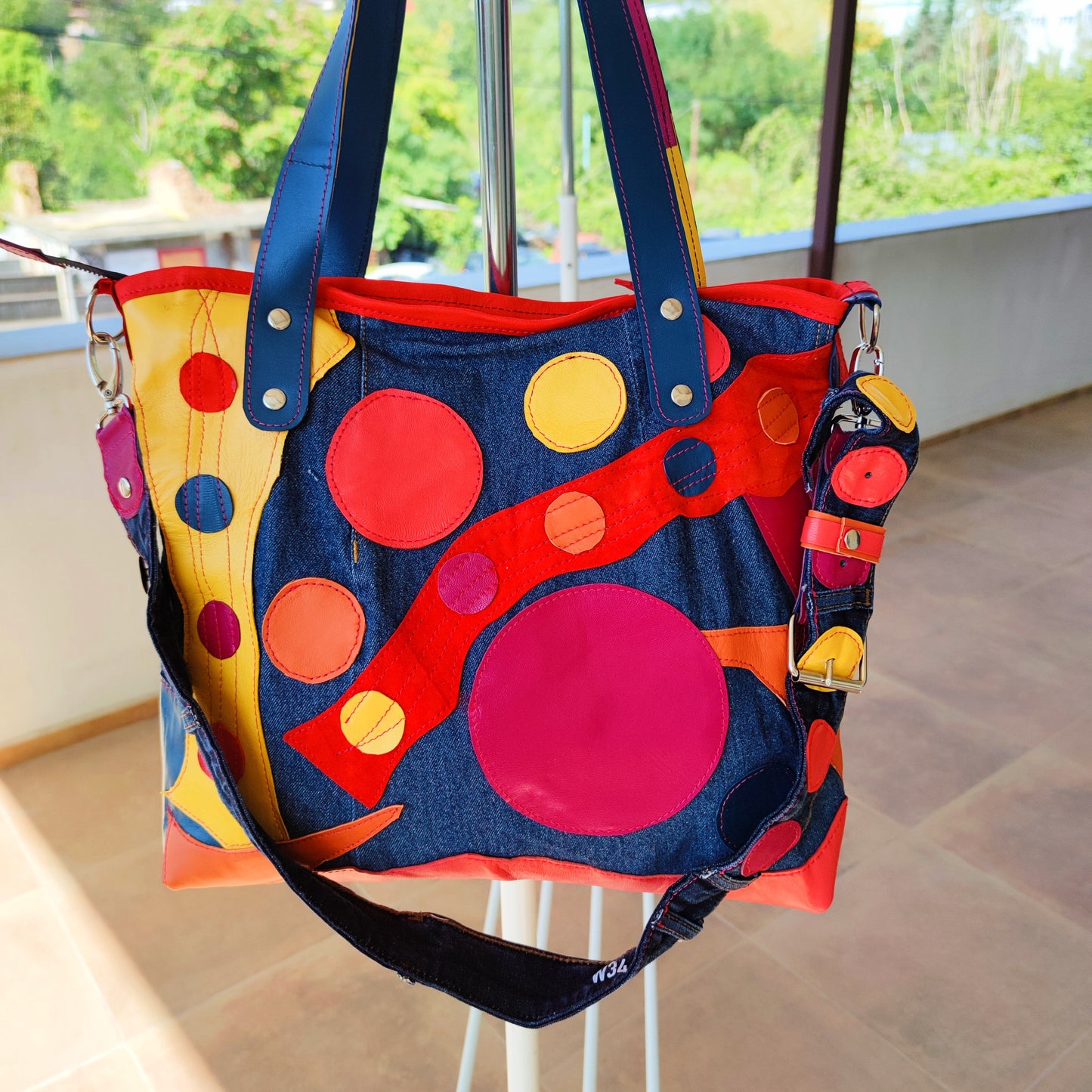 Colorful Leather Tote Bag-Soft Leather and Denim Crossbody Purse Bag,Large Jean Bag Artsy Convertible Bag For Women Hippie Bag Boho Tote Bag