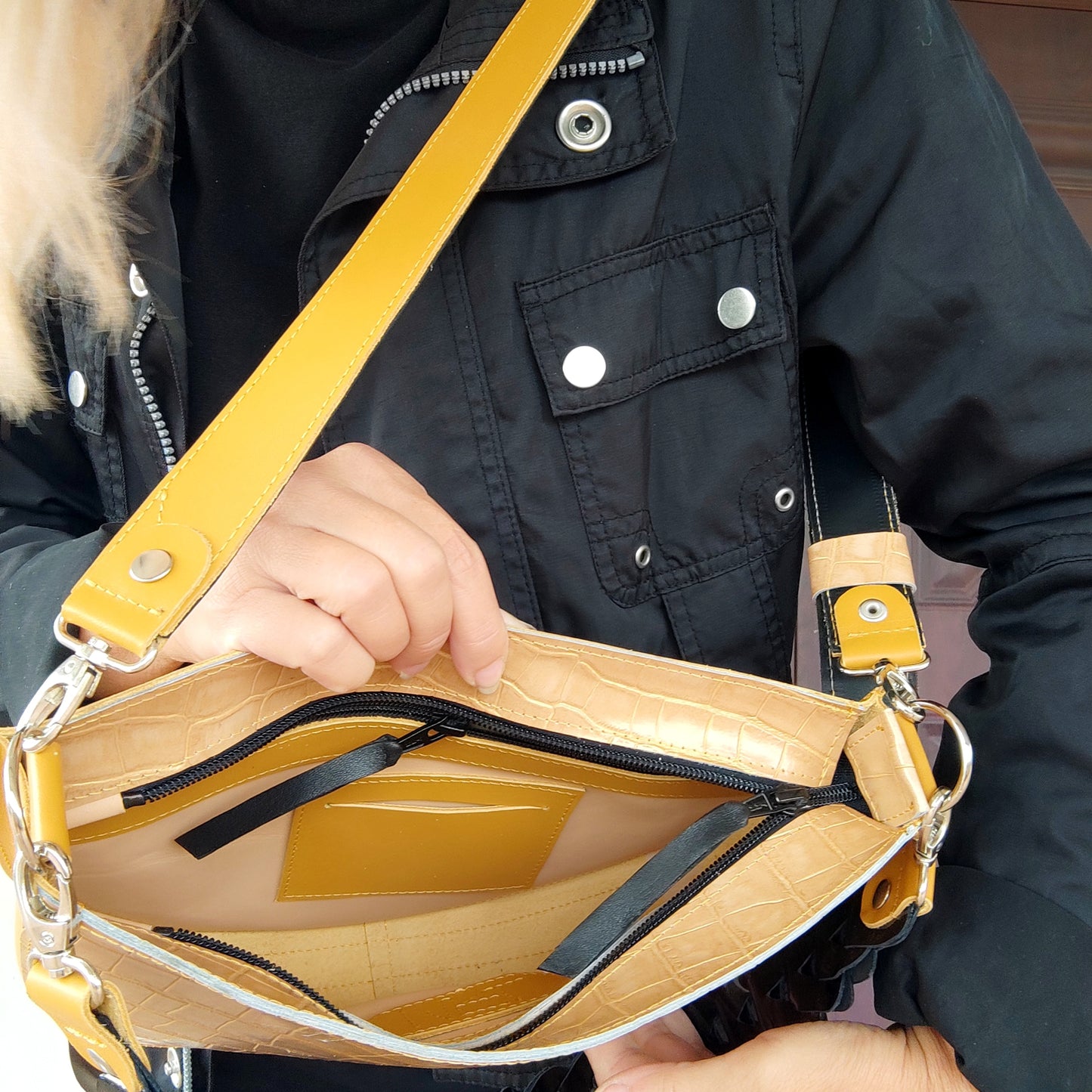 Yellow Leather Shoulder Bag Luxury Crocodile Print Bag Elegant Evening Bag