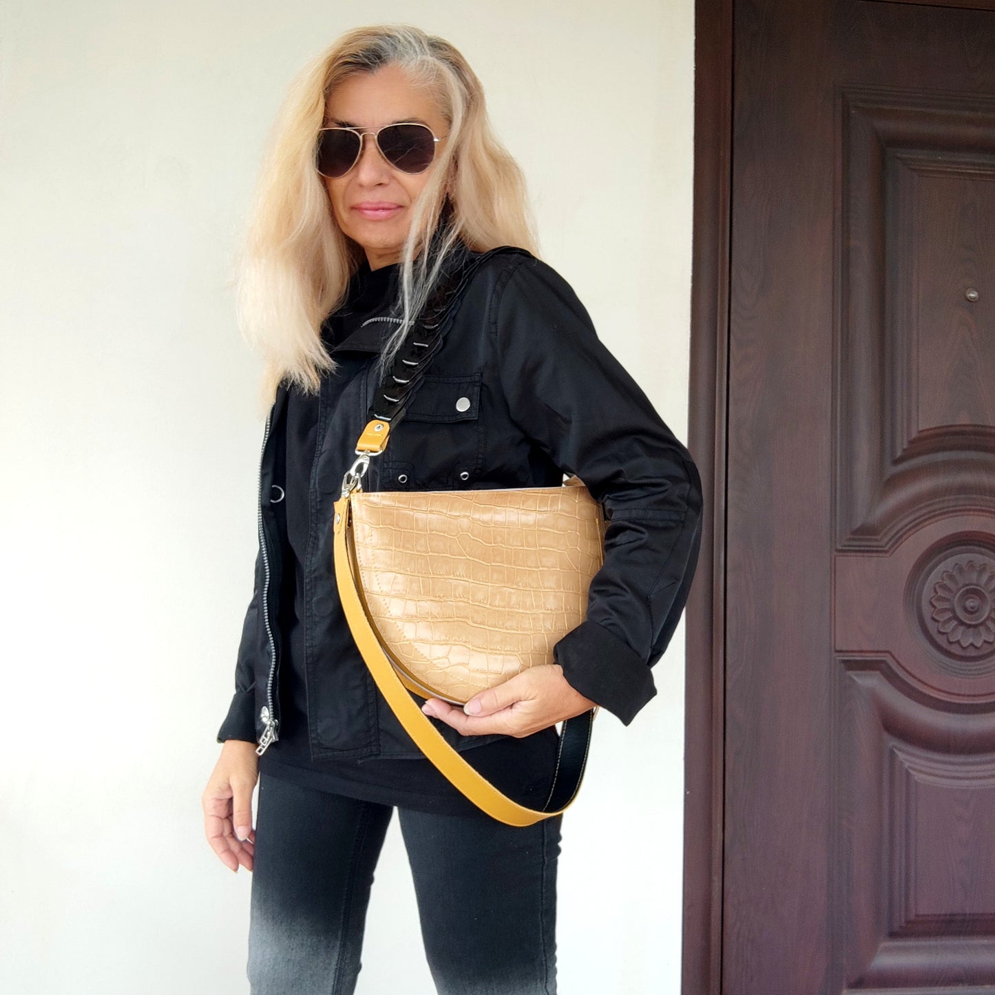 Yellow Leather Shoulder Bag Luxury Crocodile Print Bag Elegant Evening Bag