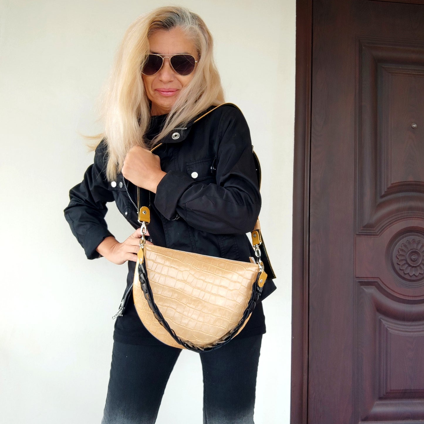 Yellow Leather Shoulder Bag Luxury Crocodile Print Bag Elegant Evening Bag