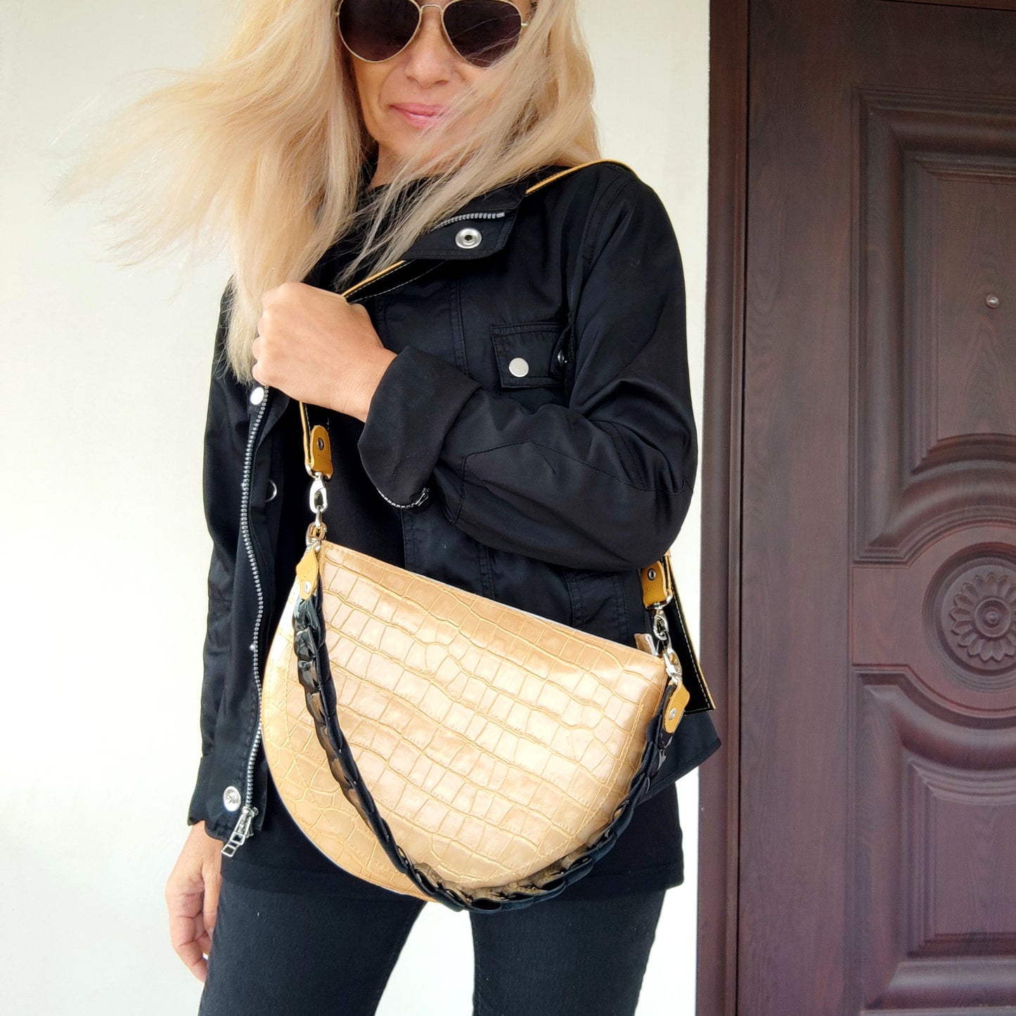 Yellow Leather Shoulder Bag Luxury Crocodile Print Bag Elegant Evening Bag