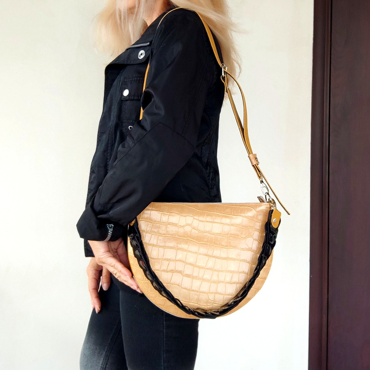 Yellow Leather Shoulder Bag Luxury Crocodile Print Bag Elegant Evening Bag