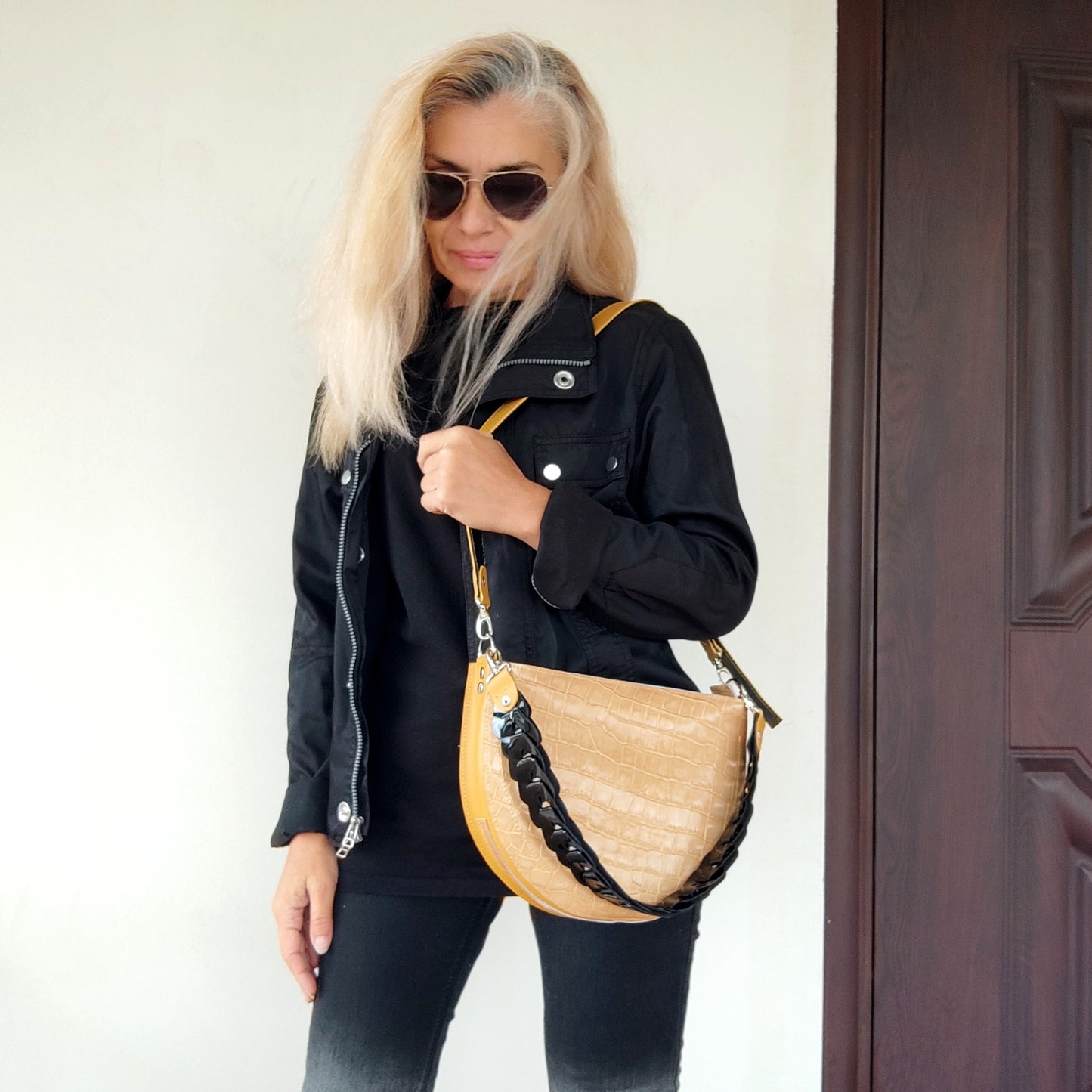 Yellow Leather Shoulder Bag Luxury Crocodile Print Bag Elegant Evening Bag