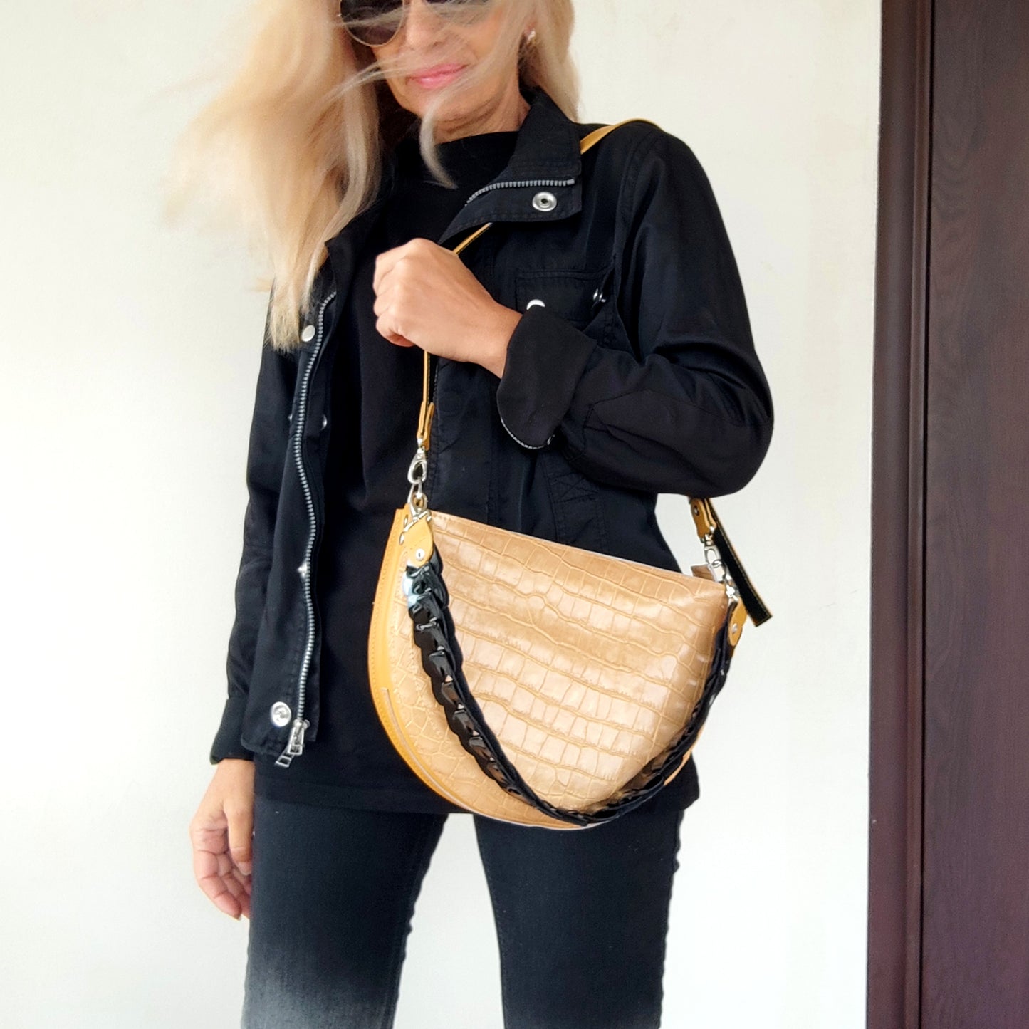 Yellow Leather Shoulder Bag Luxury Crocodile Print Bag Elegant Evening Bag