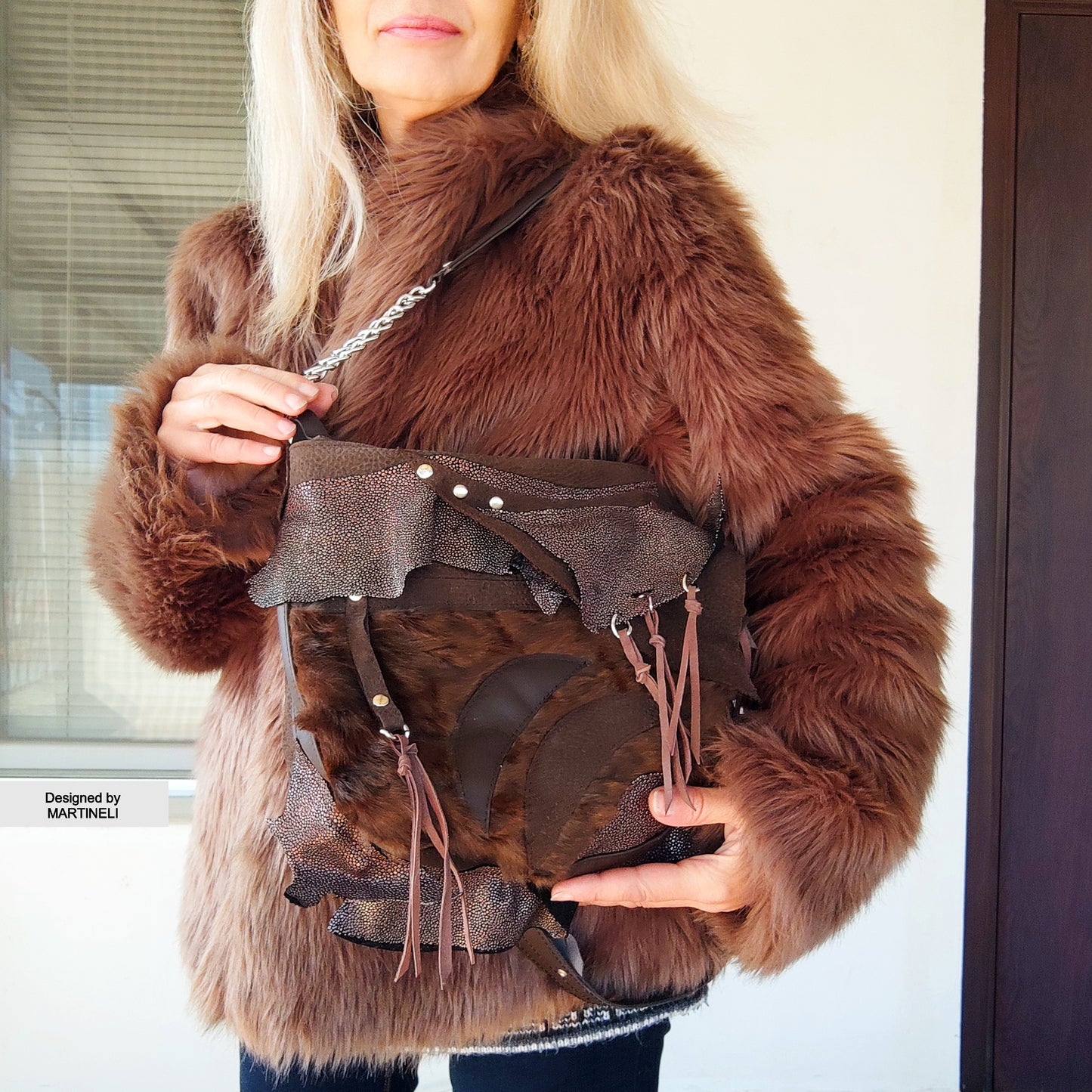 Brown Leather Shoulder Bag Luxury Hair-On Leather Bag Stylish Bag Women
