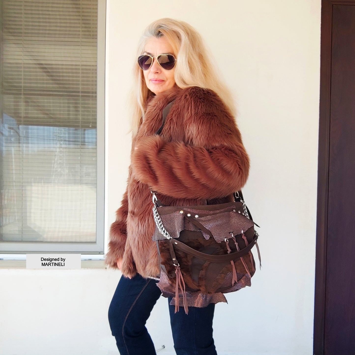 Brown Leather Shoulder Bag Luxury Hair-On Leather Bag Stylish Bag Women