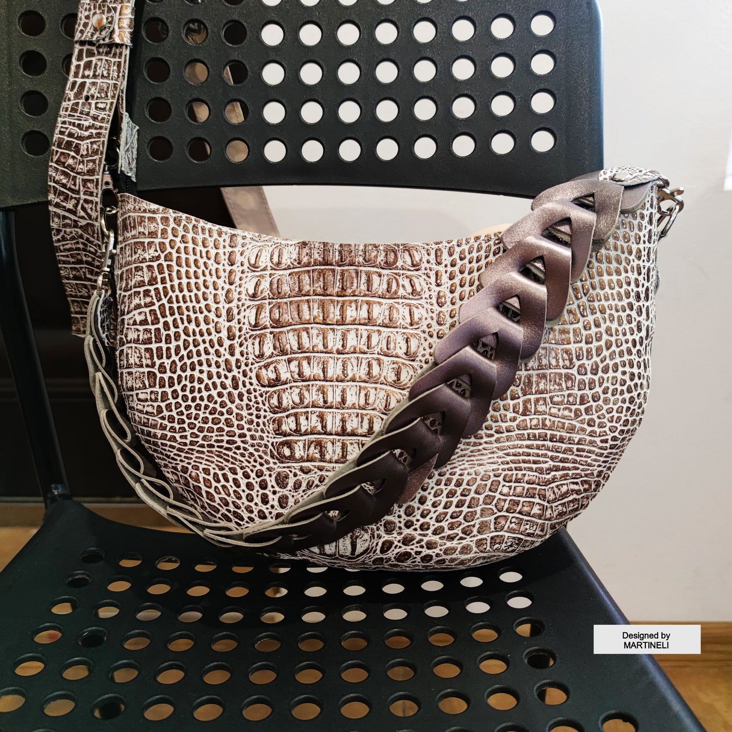 Brown Leather Shoulder Bag Luxury Croco Print Bag Elegant White Bag