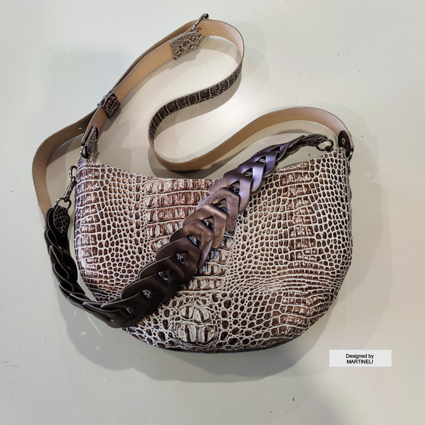 Brown Leather Shoulder Bag Luxury Croco Print Bag Elegant White Bag