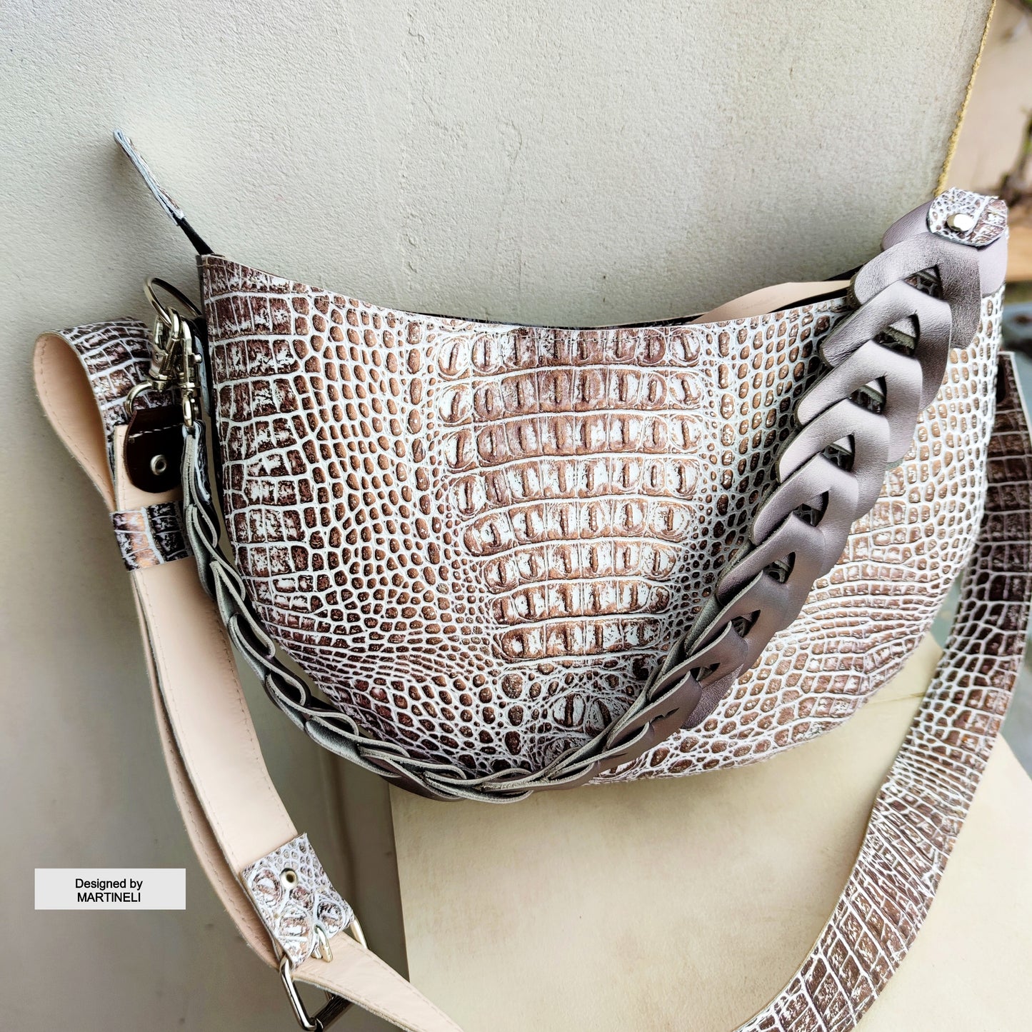 Brown Leather Shoulder Bag Luxury Croco Print Bag Elegant White Bag