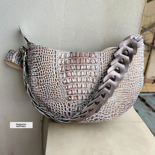 Brown Leather Shoulder Bag Luxury Croco Print Bag Elegant White Bag