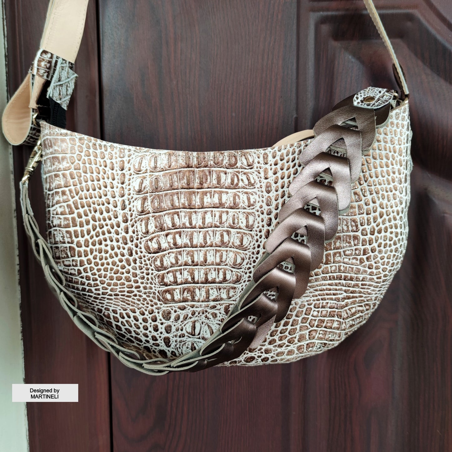 Brown Leather Shoulder Bag Luxury Croco Print Bag Elegant White Bag