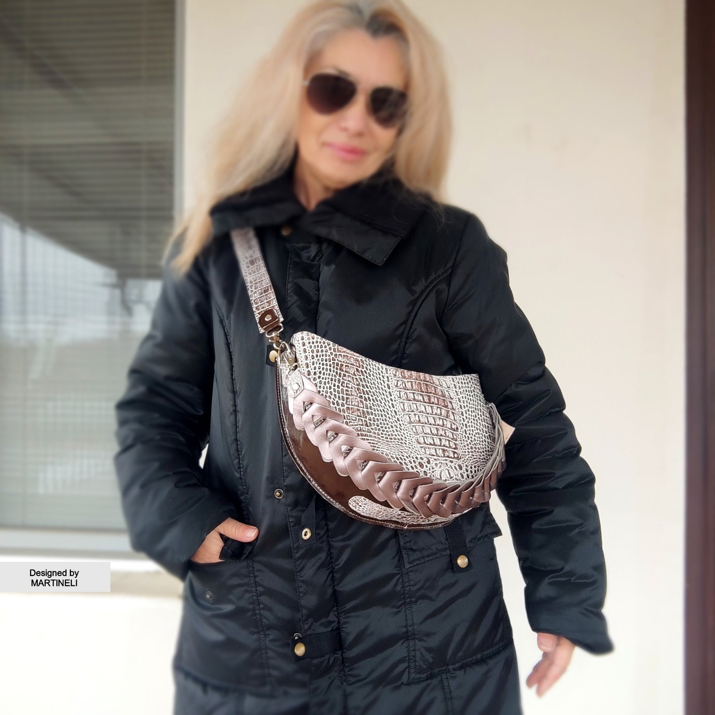 Brown Leather Shoulder Bag Luxury Croco Print Bag Elegant White Bag