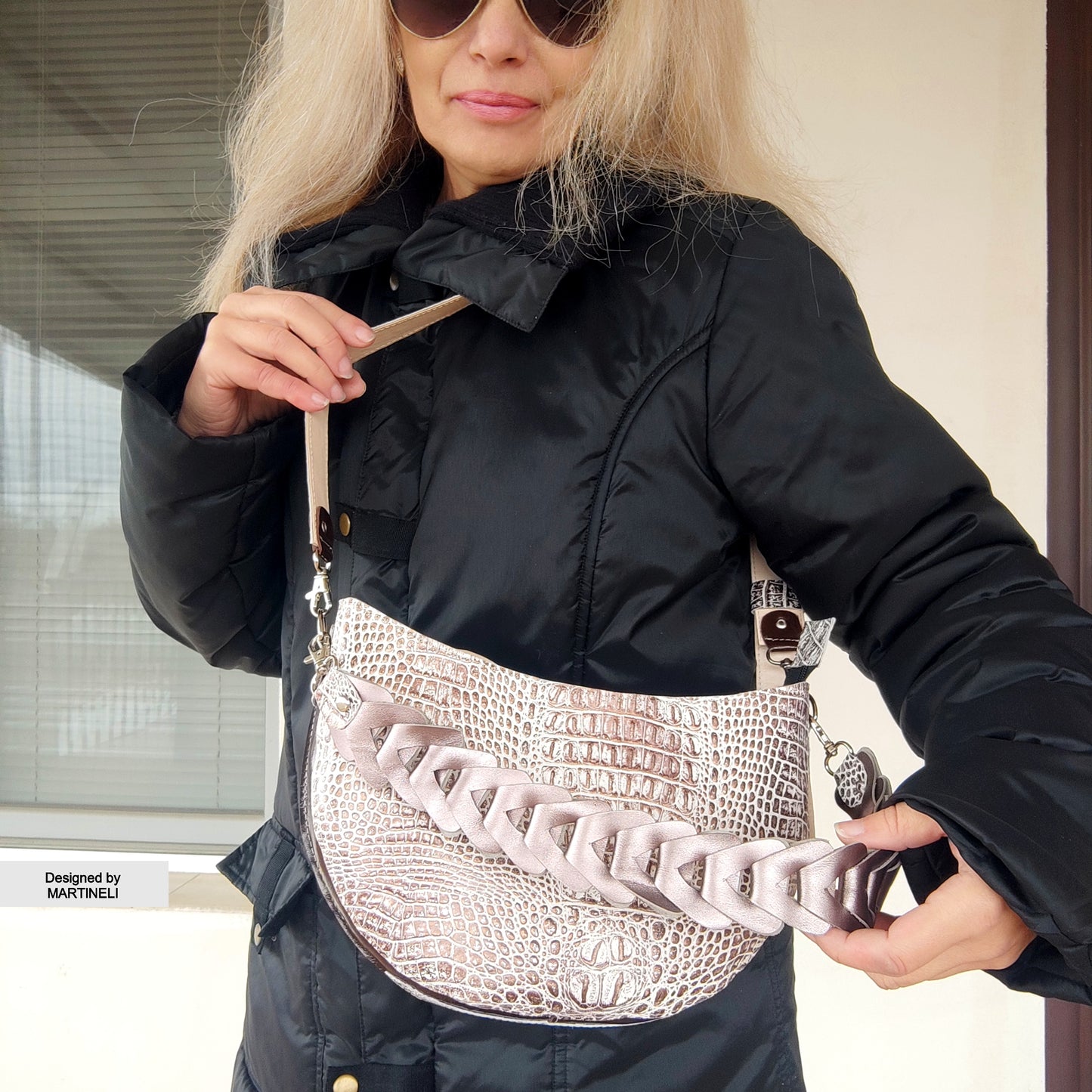 Brown Leather Shoulder Bag Luxury Croco Print Bag Elegant White Bag