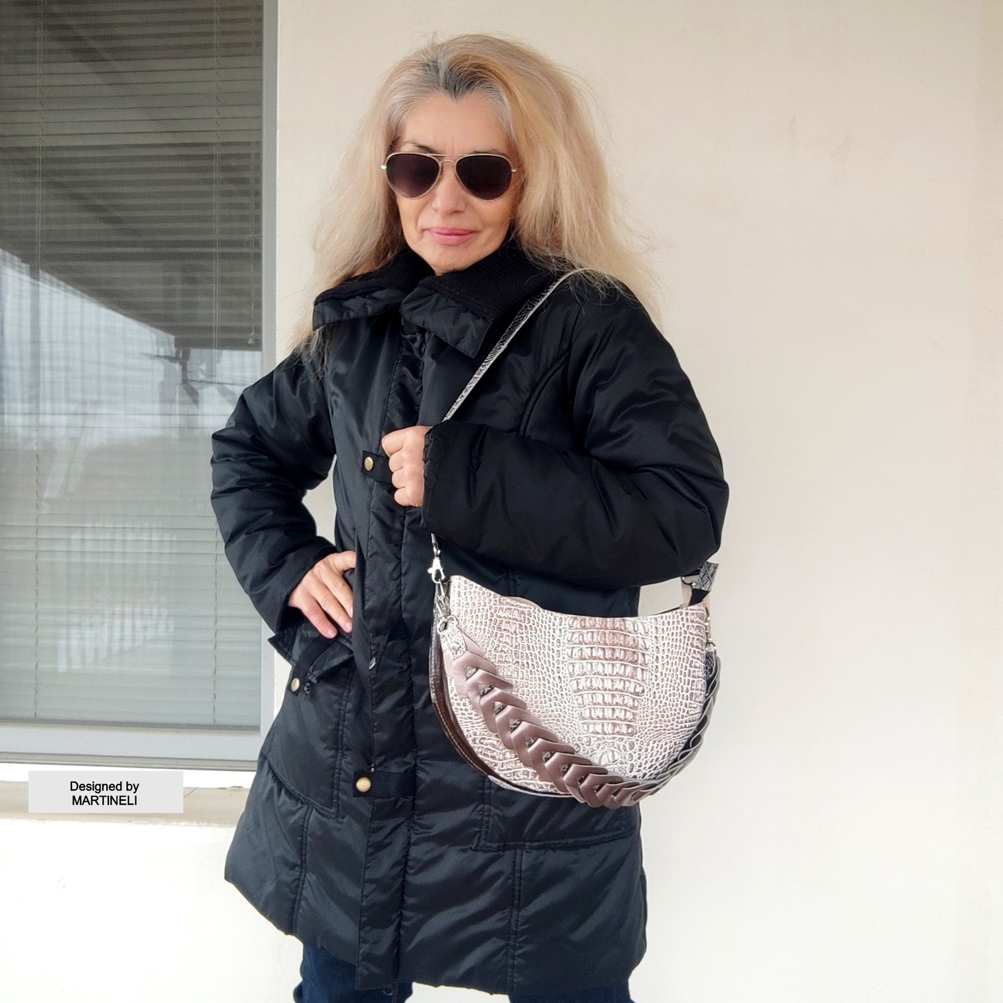 Brown Leather Shoulder Bag Luxury Croco Print Bag Elegant White Bag