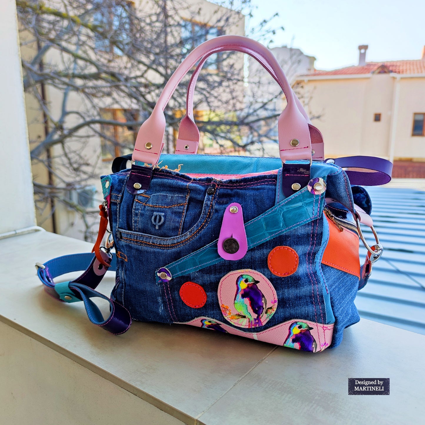 Pink Leather Shoulder Bag Luxury Birds hand Bag Boho Denim Bag