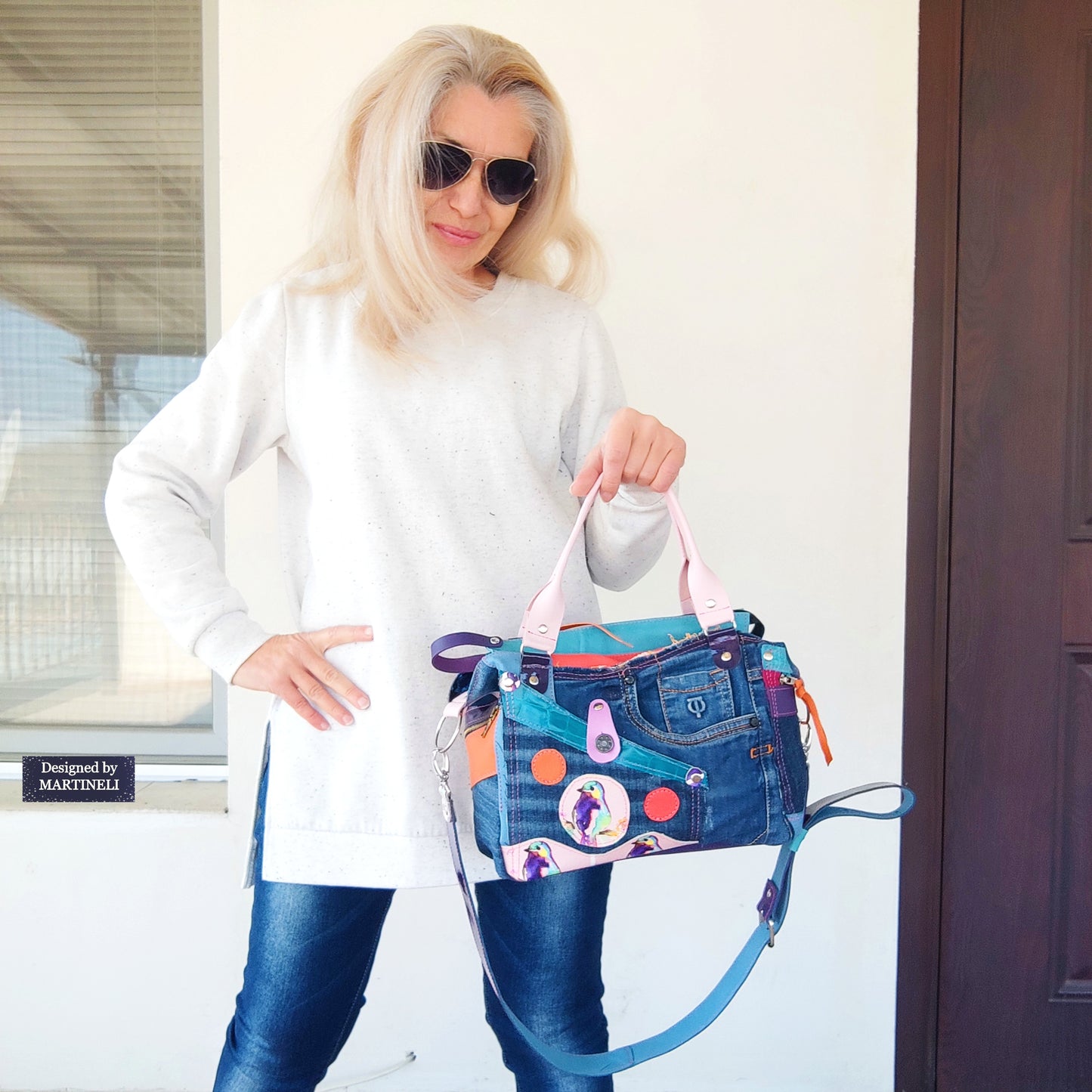 Pink Leather Shoulder Bag Luxury Birds hand Bag Boho Denim Bag