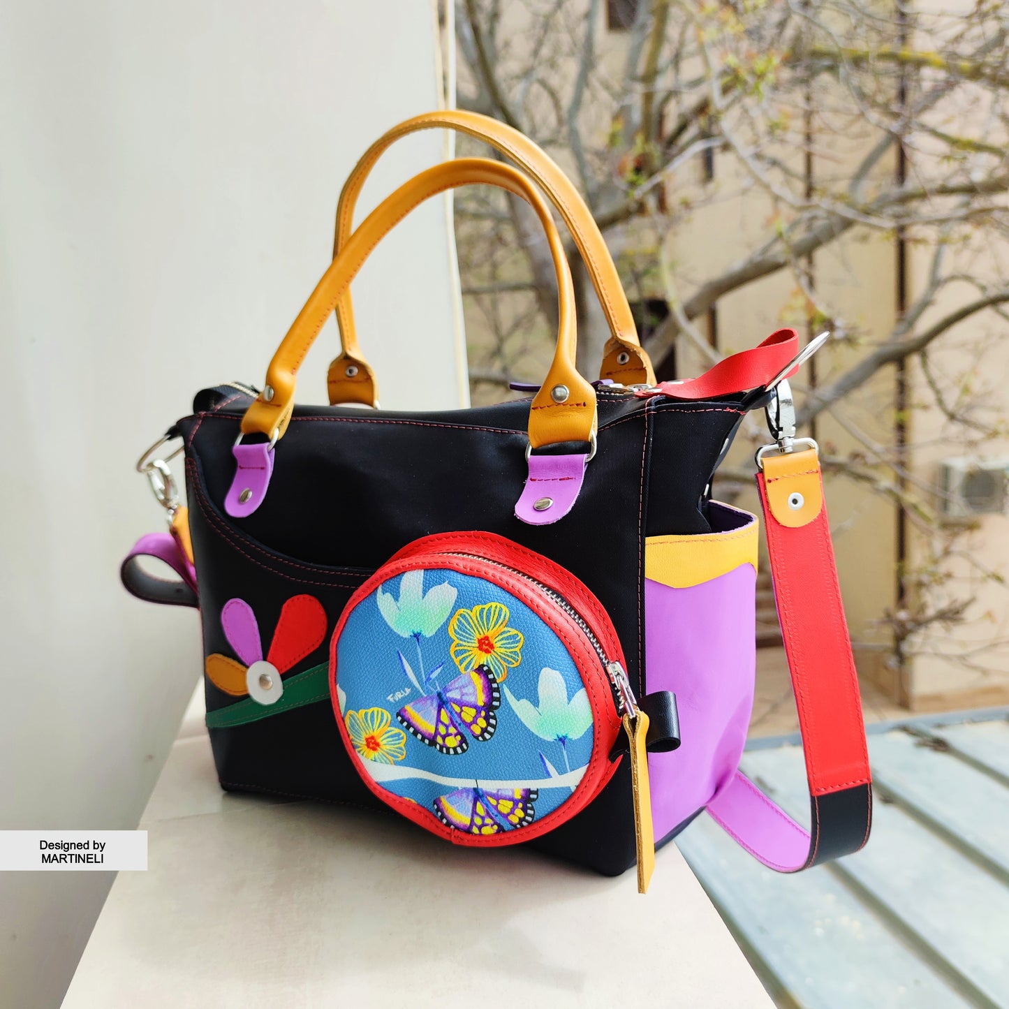 Luxury Leather Shoulder Bag Colorful Canvas Hand Bag Floral Elegant Bag