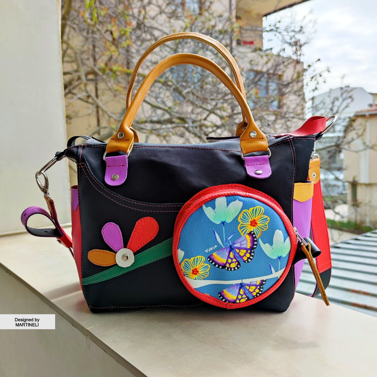 Luxury Leather Shoulder Bag Colorful Canvas Hand Bag Floral Elegant Bag