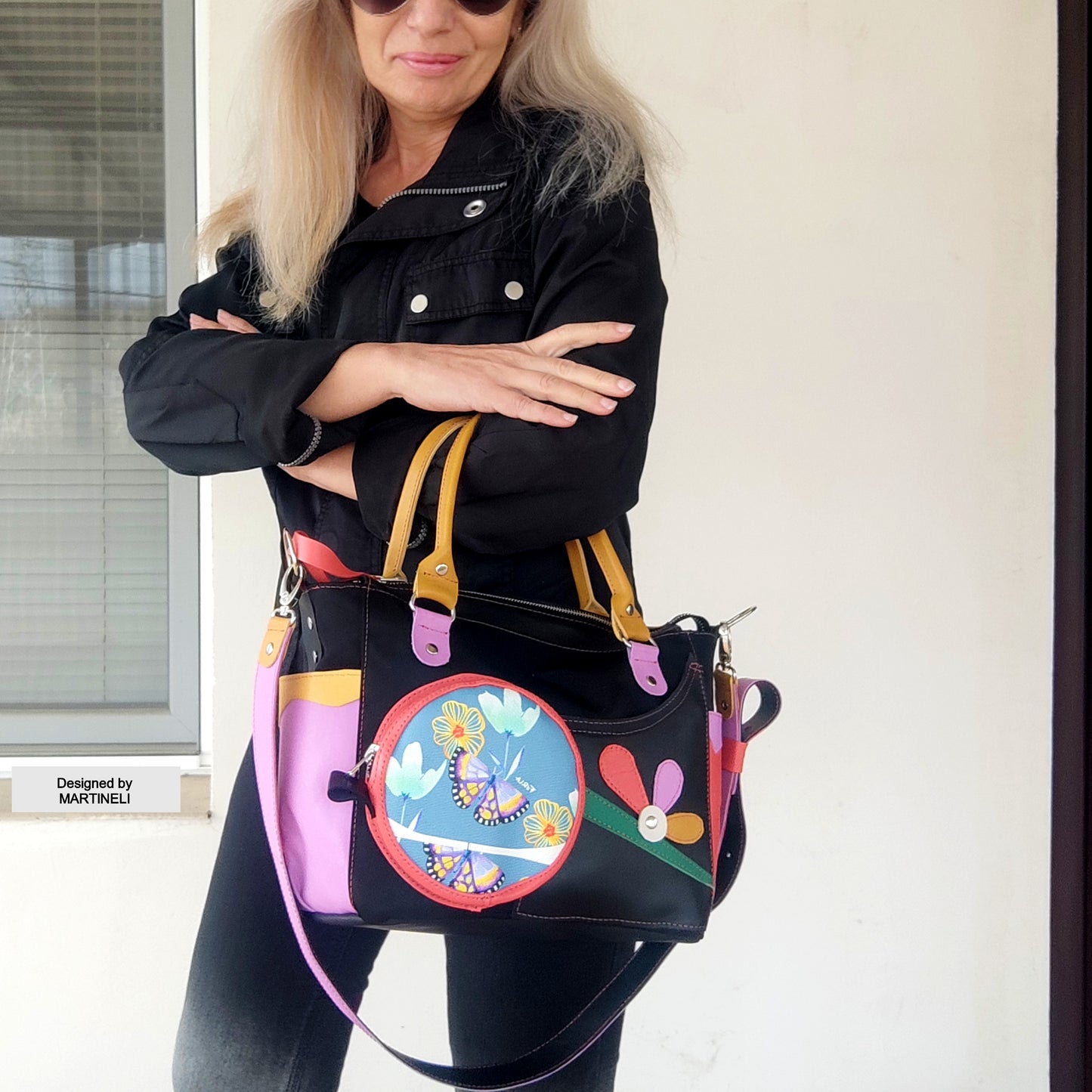 Luxury Leather Shoulder Bag Colorful Canvas Hand Bag Floral Elegant Bag