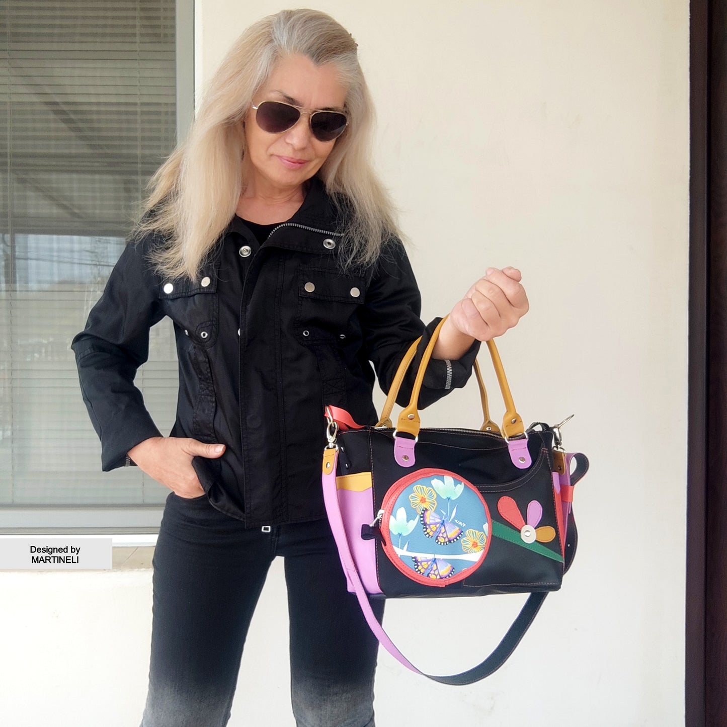 Luxury Leather Shoulder Bag Colorful Canvas Hand Bag Floral Elegant Bag