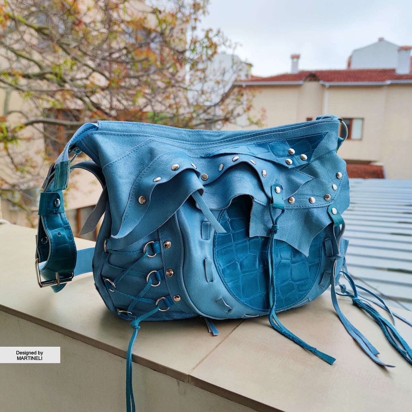 Turquoise Leather Shoulder Bag Luxury Large Bag Grunge Style Purse Bag