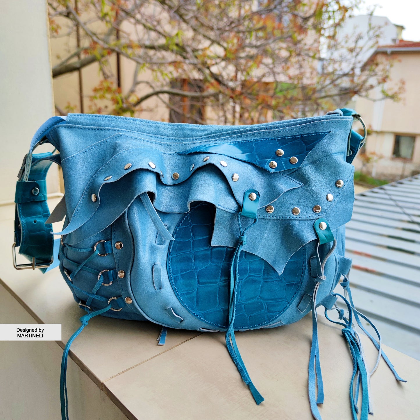 Turquoise Leather Shoulder Bag Luxury Large Bag Grunge Style Purse Bag