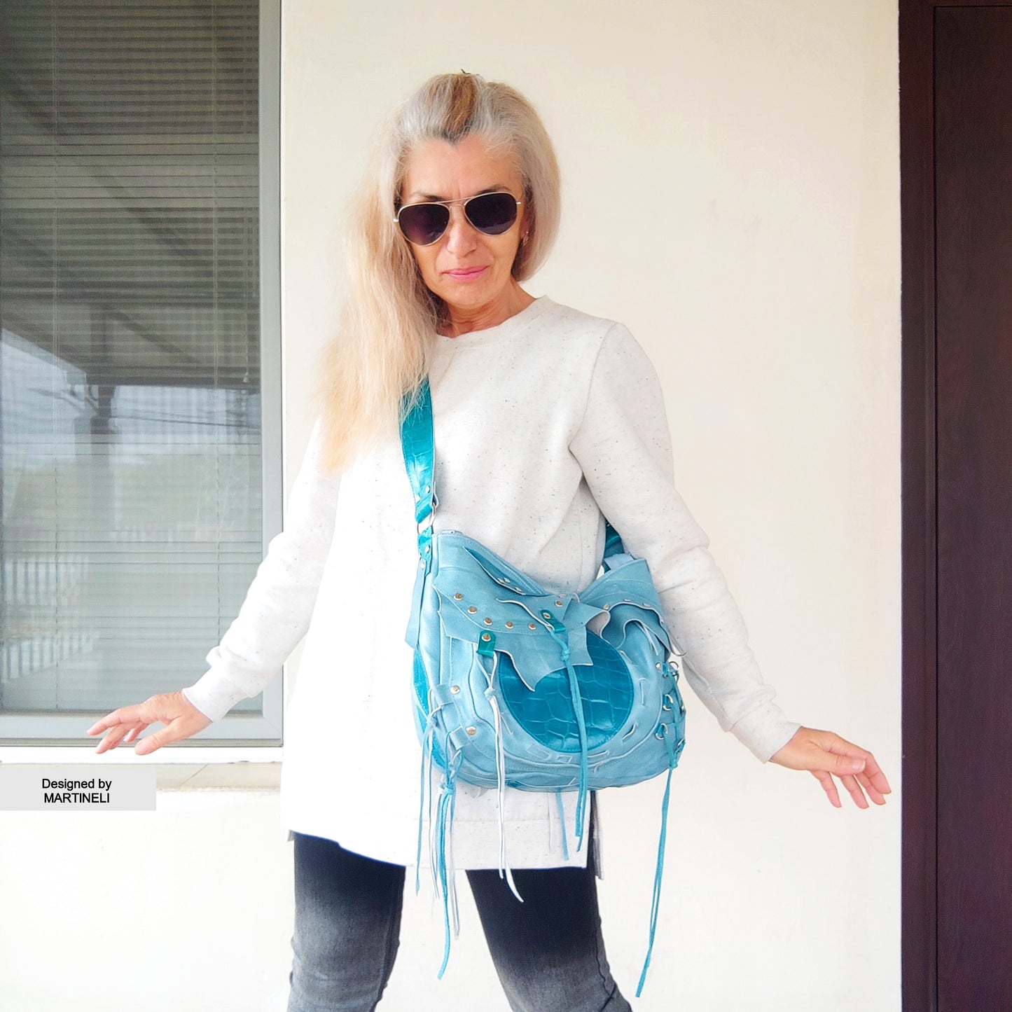 Turquoise Leather Shoulder Bag Luxury Large Bag Grunge Style Purse Bag