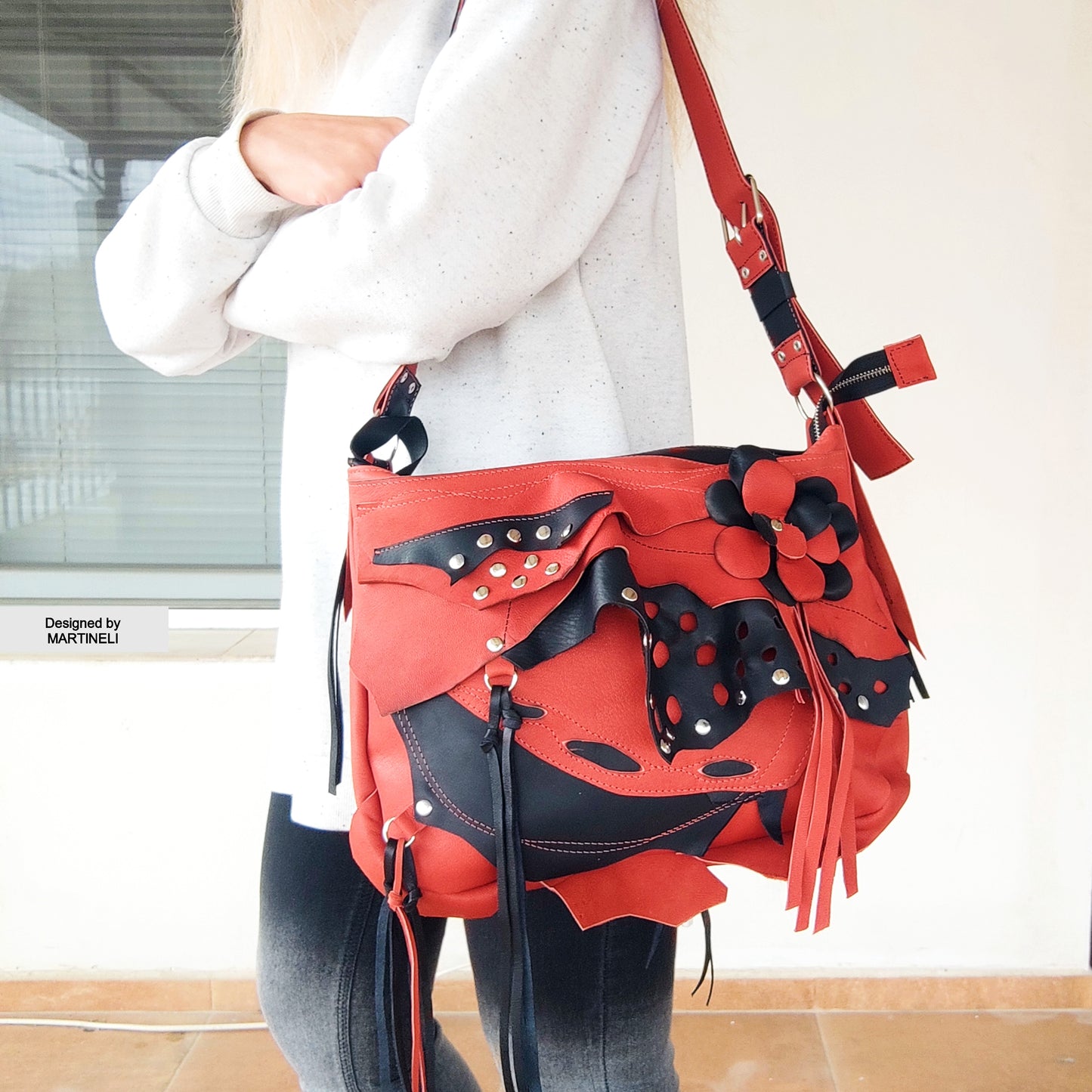Brown Leather Shoulder Bag Luxury Large Floral Purse Boho Style Bag