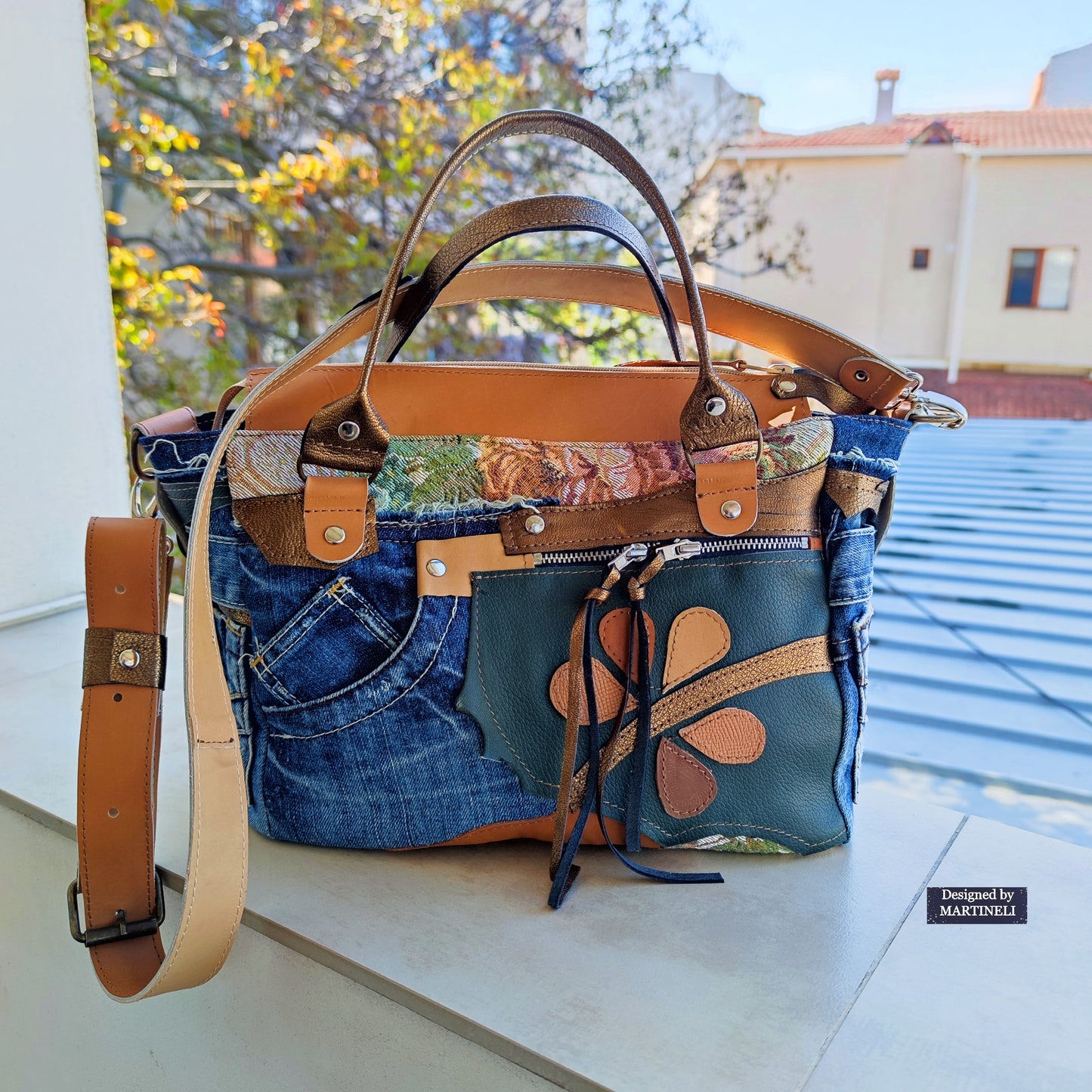 Beige Leather Shoulder Bag Boho Floral Handbag Large Denim Crossbody Bag