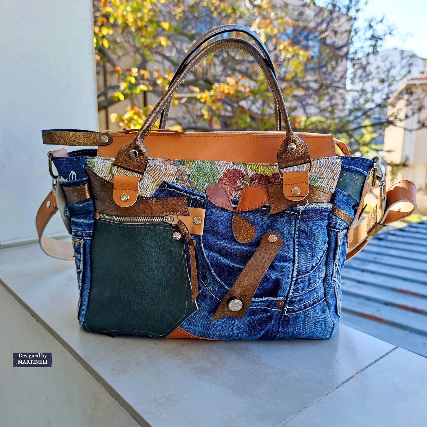 Beige Leather Shoulder Bag Boho Floral Handbag Large Denim Crossbody Bag