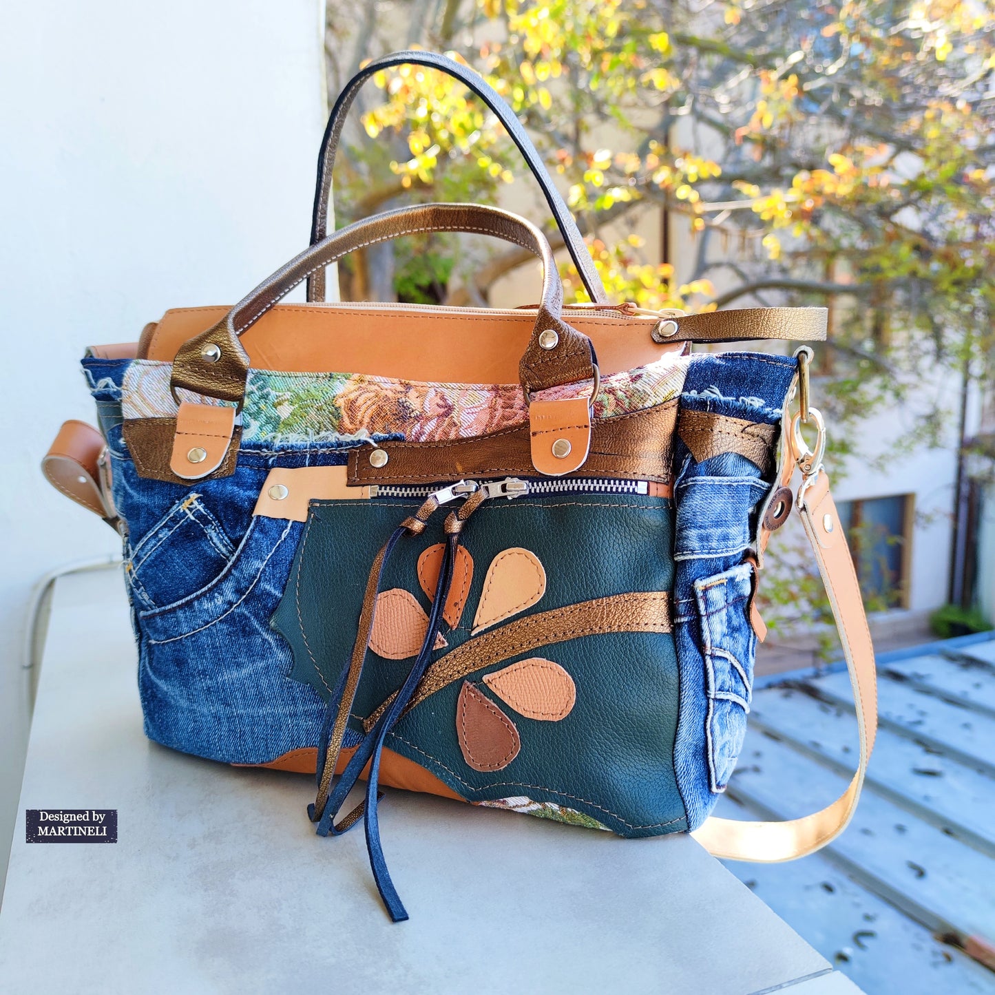 Beige Leather Shoulder Bag Boho Floral Handbag Large Denim Crossbody Bag