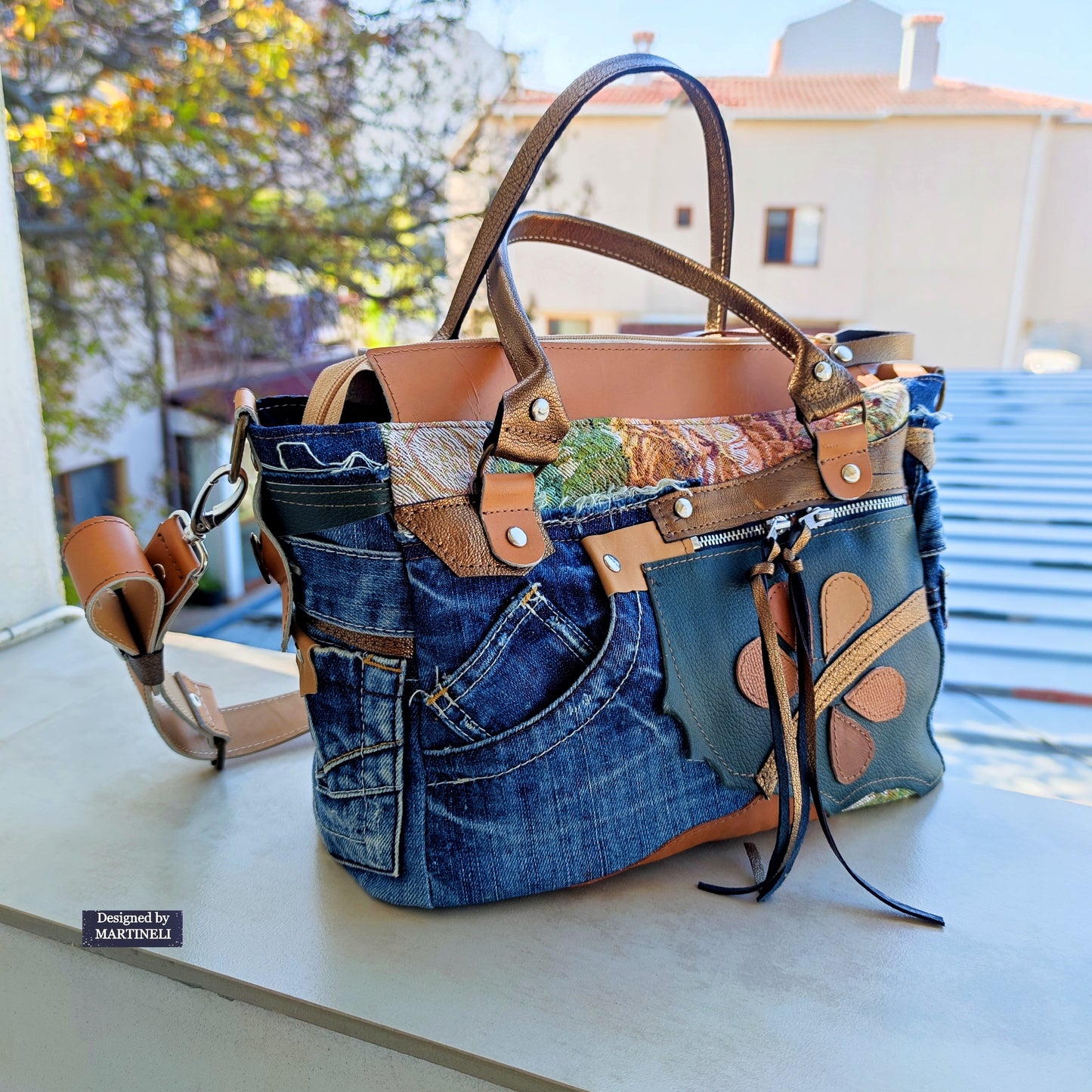 Beige Leather Shoulder Bag Boho Floral Handbag Large Denim Crossbody Bag
