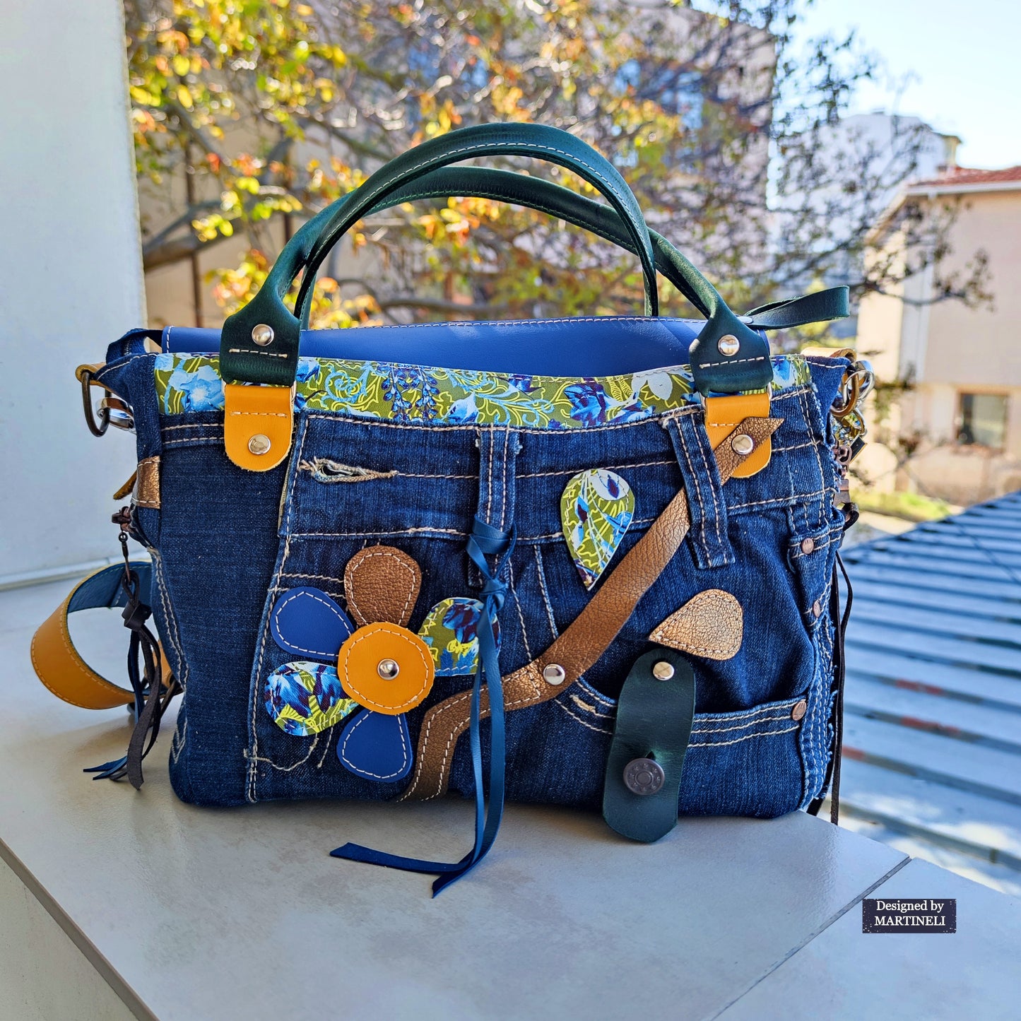 Blue Leather Shoulder Bag Large Floral Handbag Luxury Denim Bag