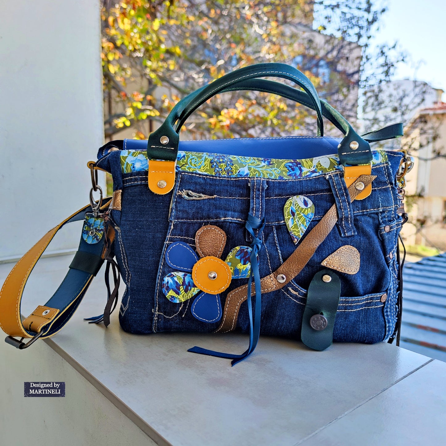 Blue Leather Shoulder Bag Large Floral Handbag Luxury Denim Bag