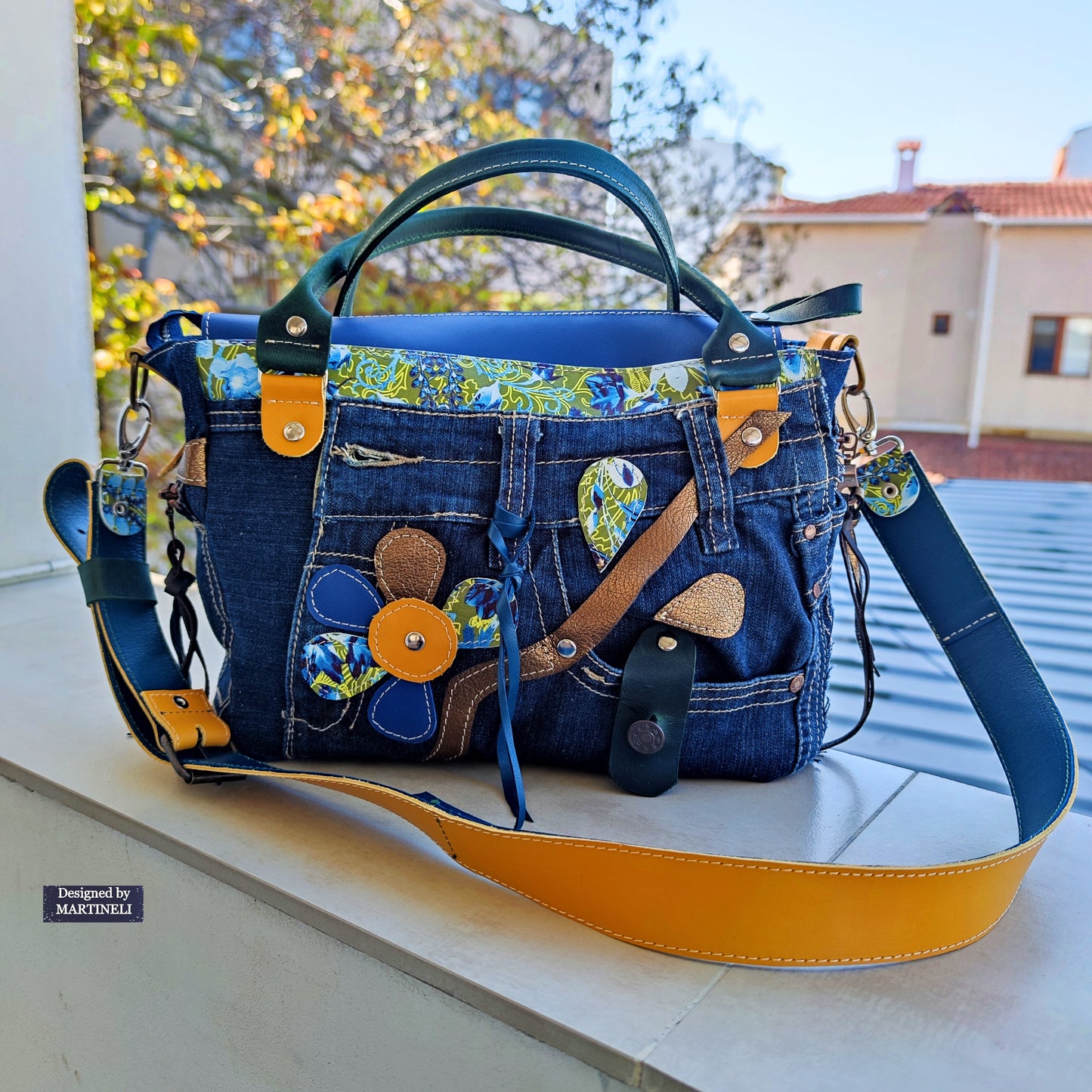 Blue Leather Shoulder Bag Large Floral Handbag Luxury Denim Bag