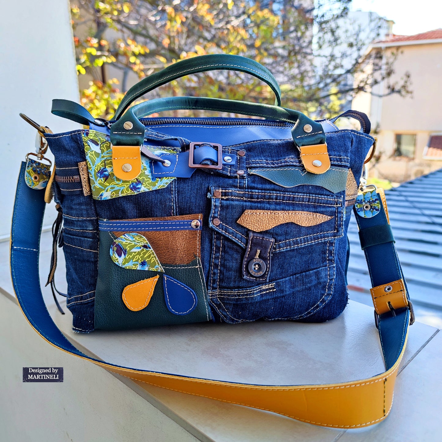 Blue Leather Shoulder Bag Large Floral Handbag Luxury Denim Bag