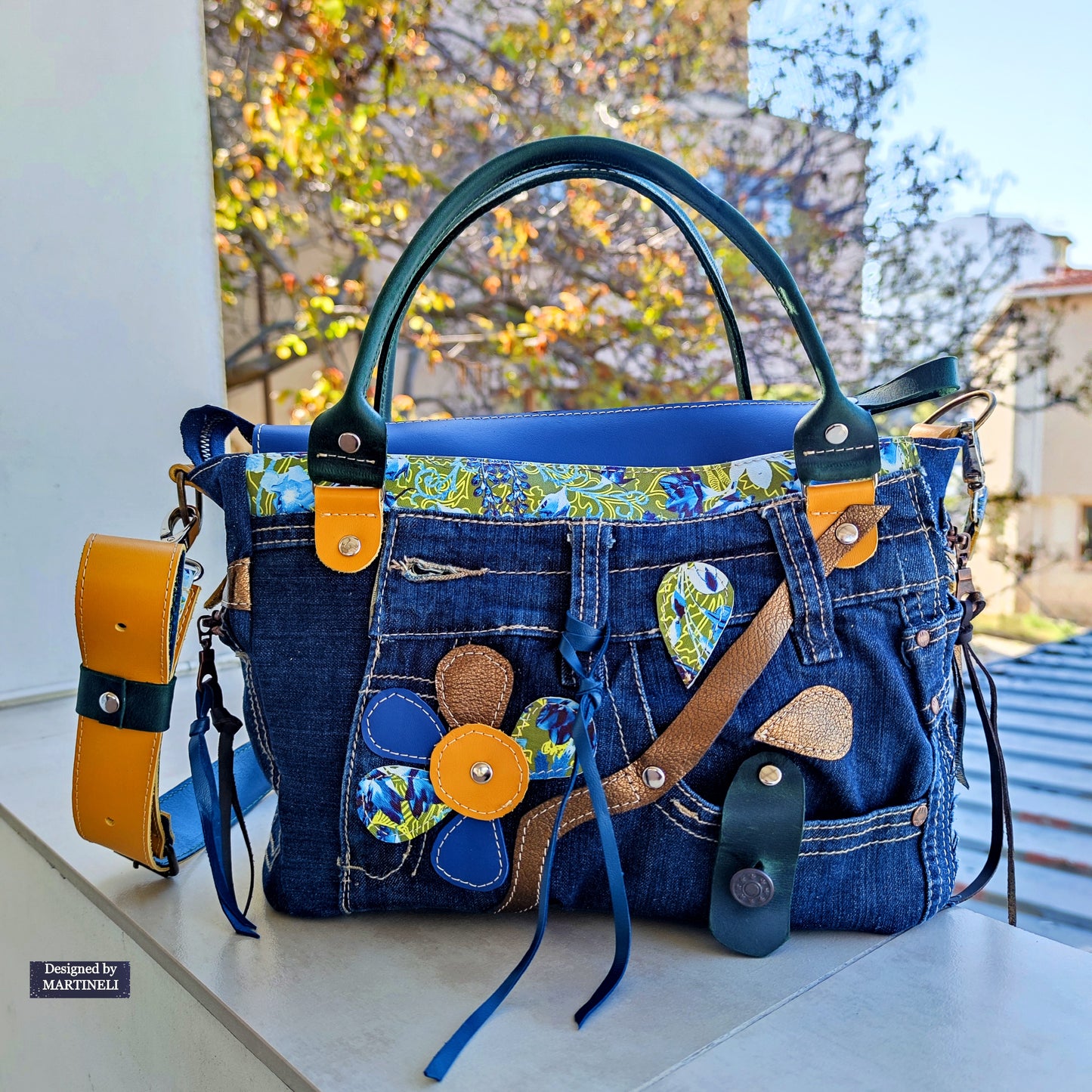Blue Leather Shoulder Bag Large Floral Handbag Luxury Denim Bag