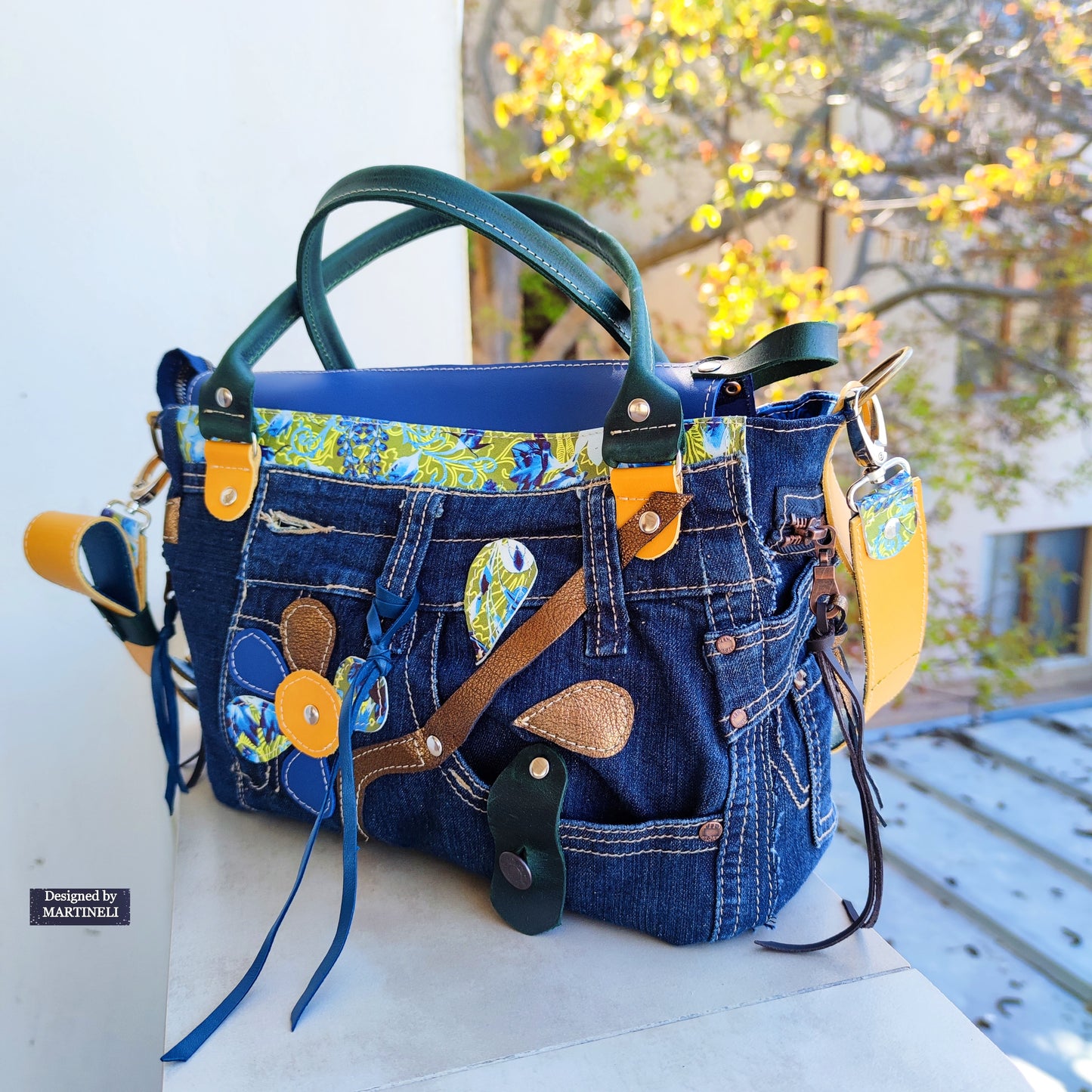 Blue Leather Shoulder Bag Large Floral Handbag Luxury Denim Bag