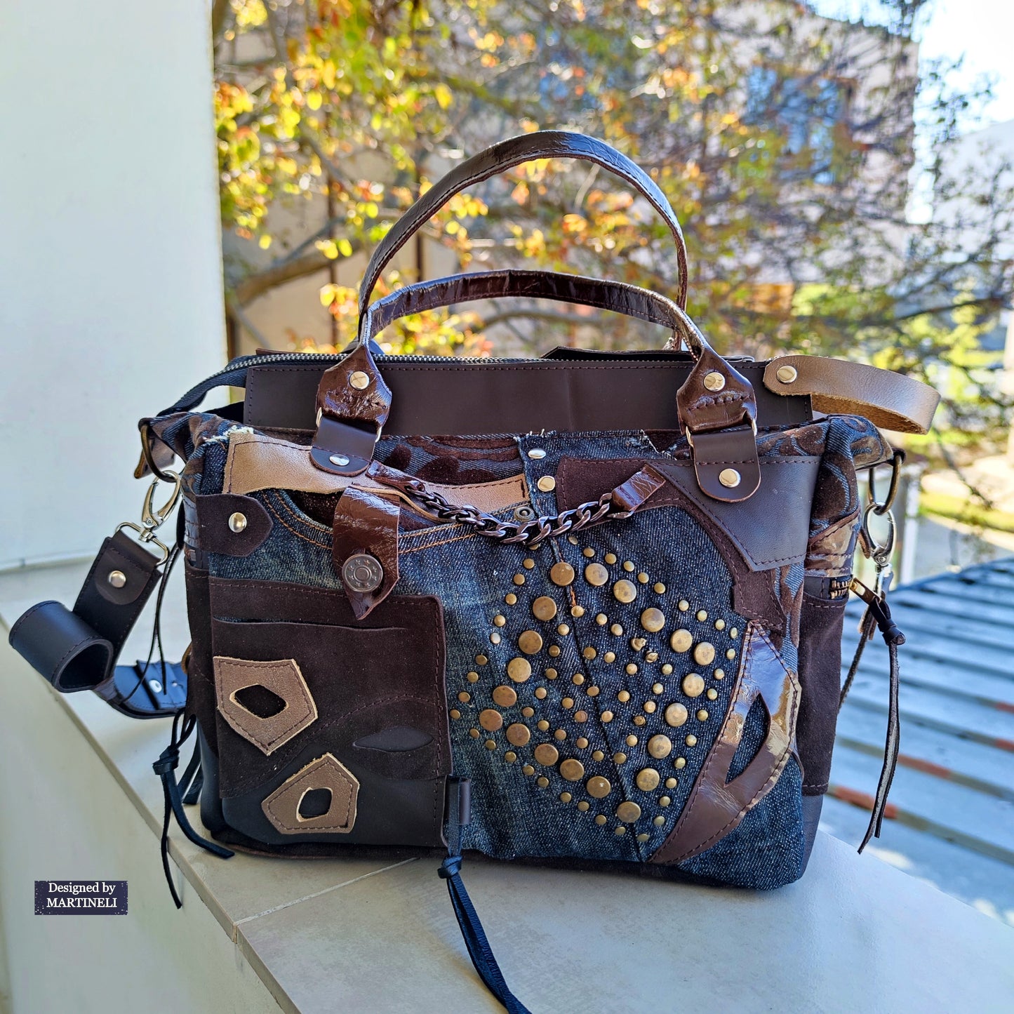 Brown Leather Shoulder Bag Floral Hand Bag Luxury Denim Purse Bag