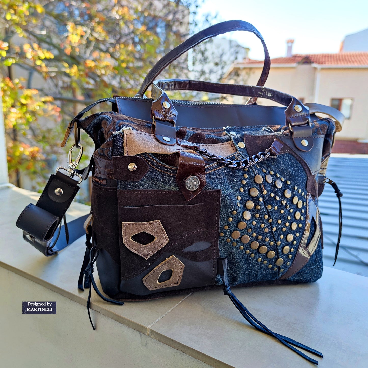 Brown Leather Shoulder Bag Floral Hand Bag Luxury Denim Purse Bag