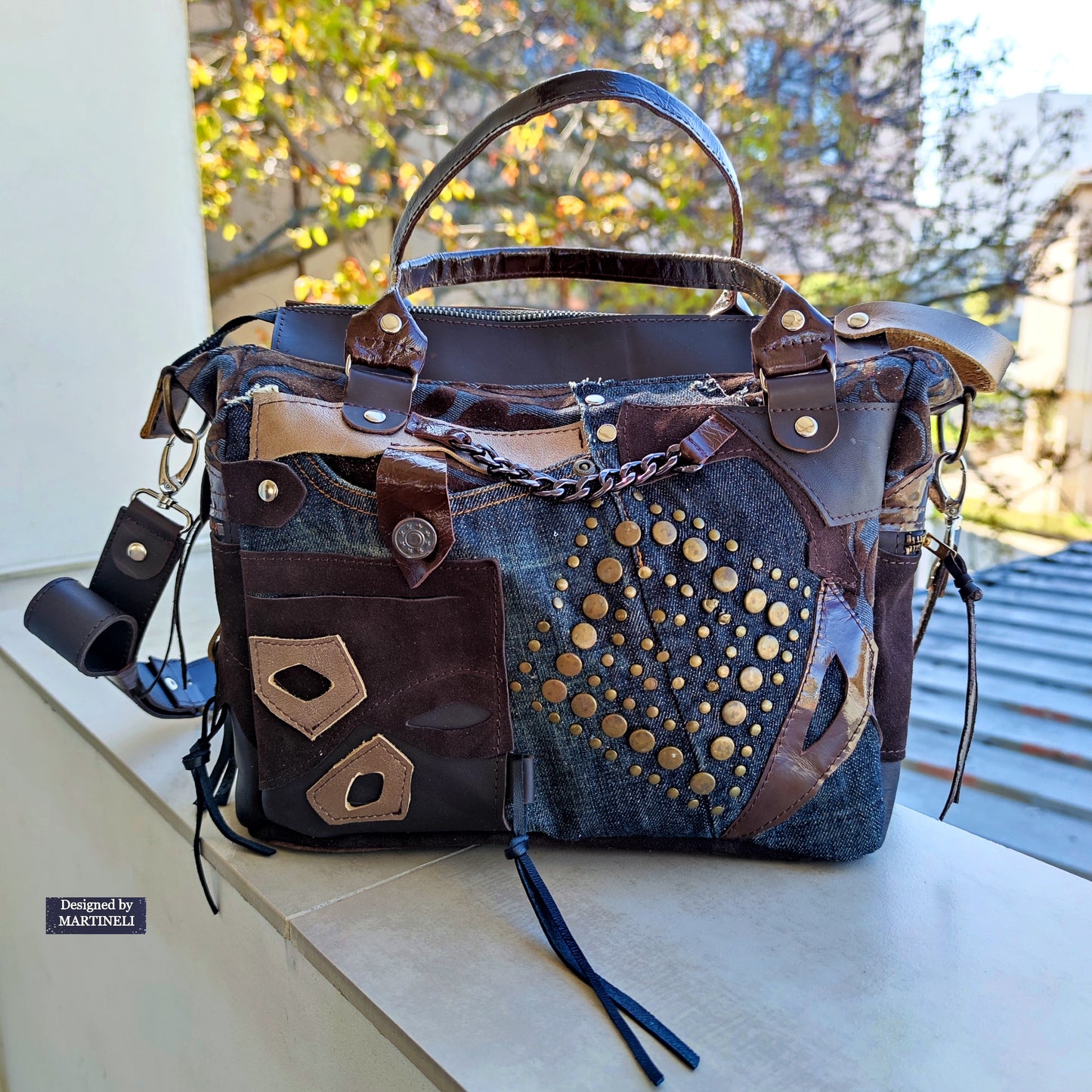 Brown Leather Shoulder Bag Floral Hand Bag Luxury Denim Purse Bag