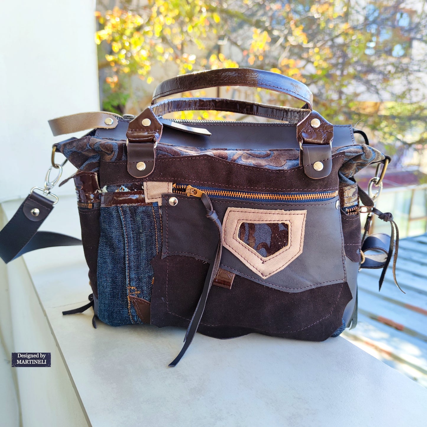 Brown Leather Shoulder Bag Floral Hand Bag Luxury Denim Purse Bag