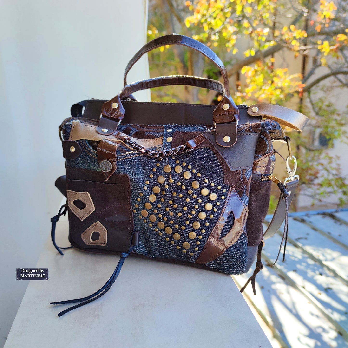 Brown Leather Shoulder Bag Floral Hand Bag Luxury Denim Purse Bag