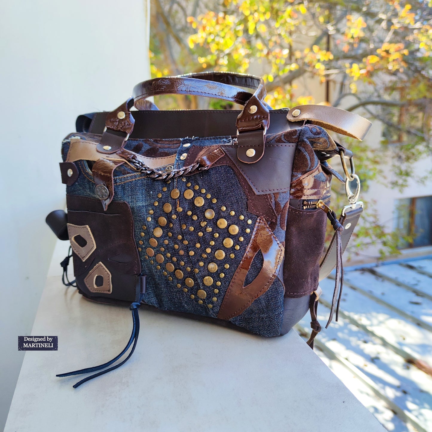 Brown Leather Shoulder Bag Floral Hand Bag Luxury Denim Purse Bag