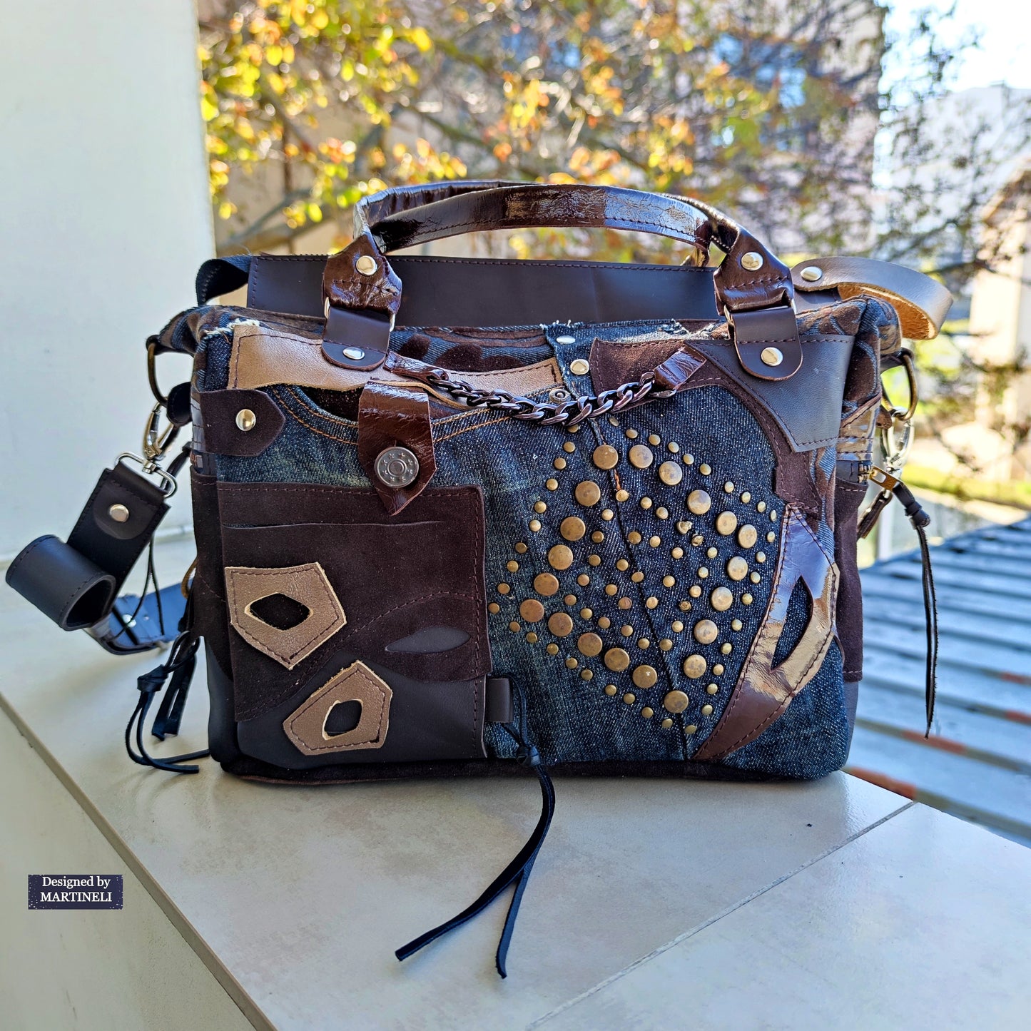 Brown Leather Shoulder Bag Floral Hand Bag Luxury Denim Purse Bag