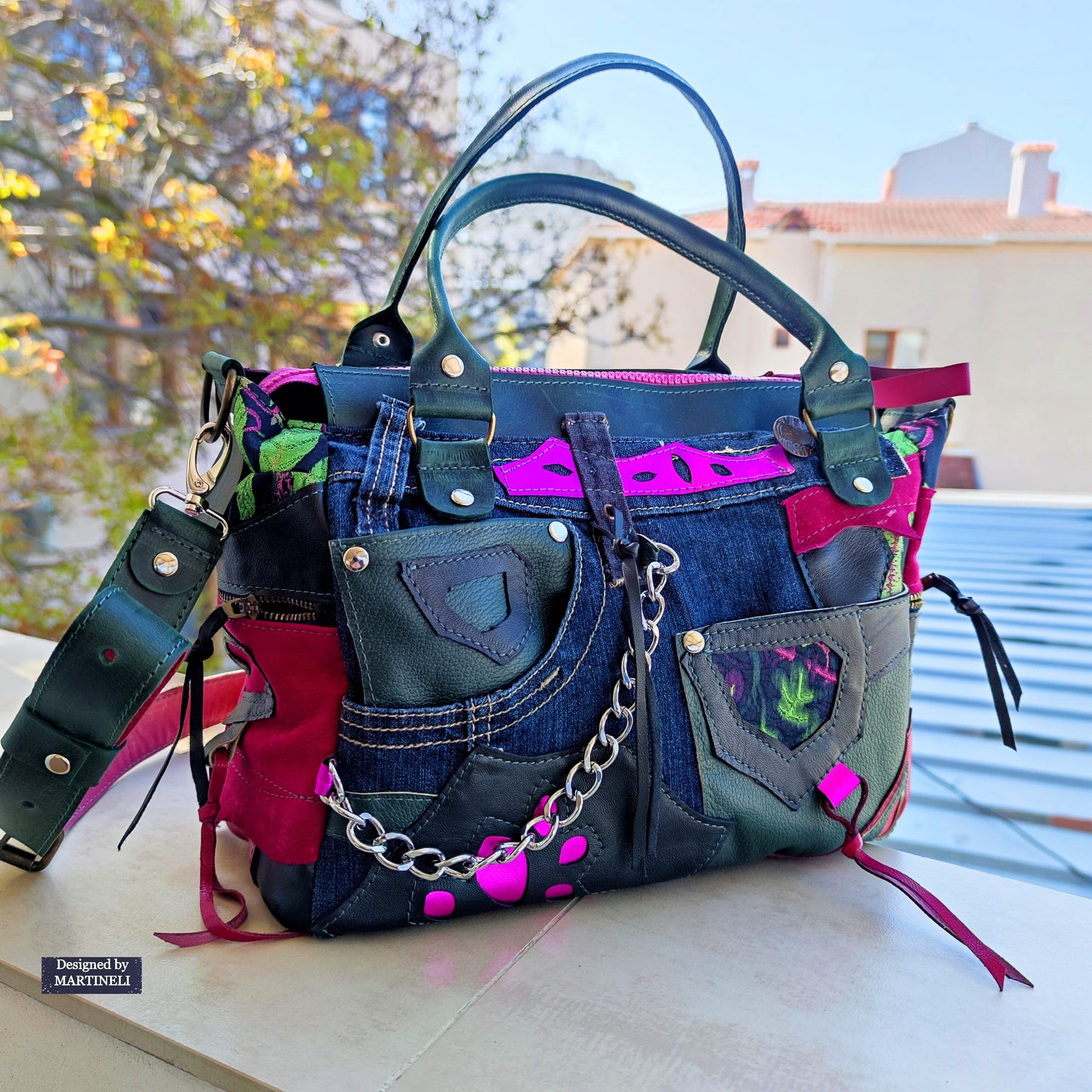 Pink Leather Shoulder Bag Luxury Floral Hand Bag Elegant Green Boho Bag