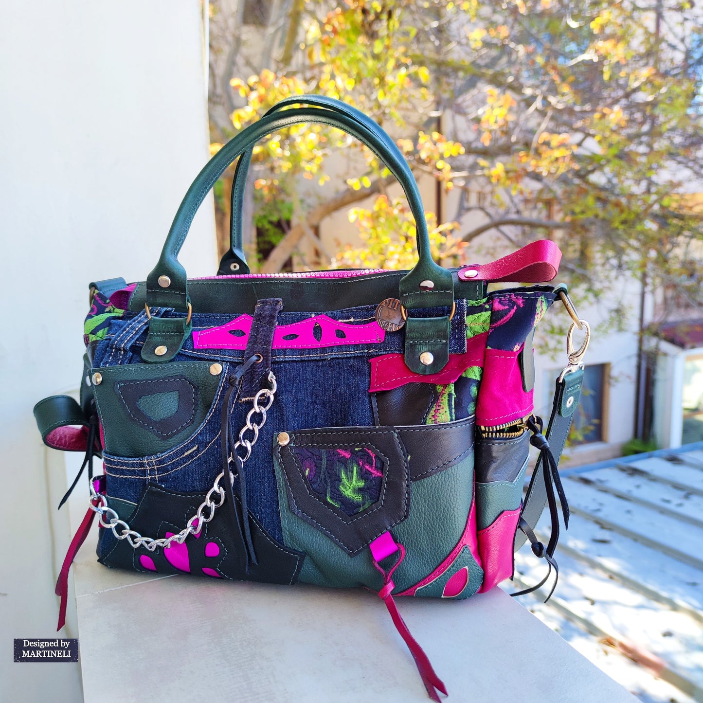 Pink Leather Shoulder Bag Luxury Floral Hand Bag Elegant Green Boho Bag